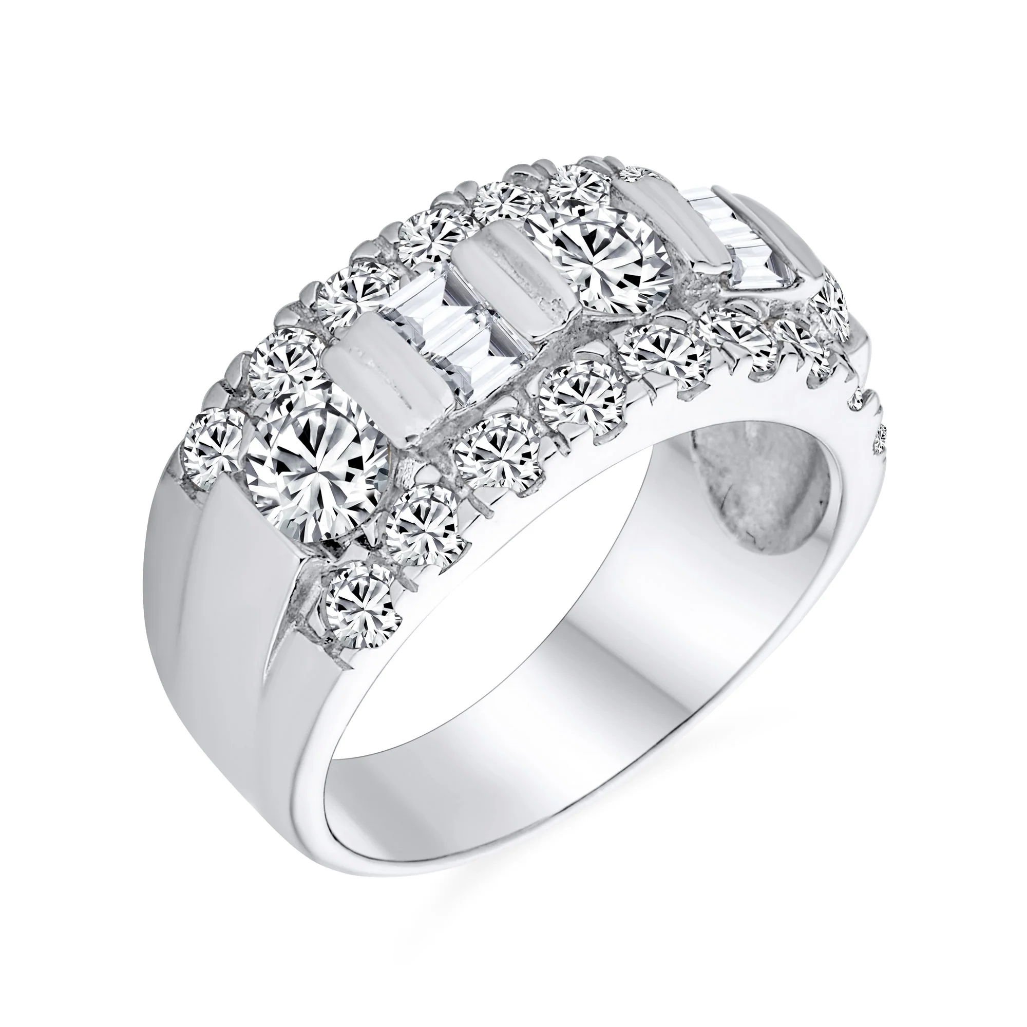 Channel Set CZ Alternating Round Baguette Wide Wedding Band Ring Sterling Silver - Image 2