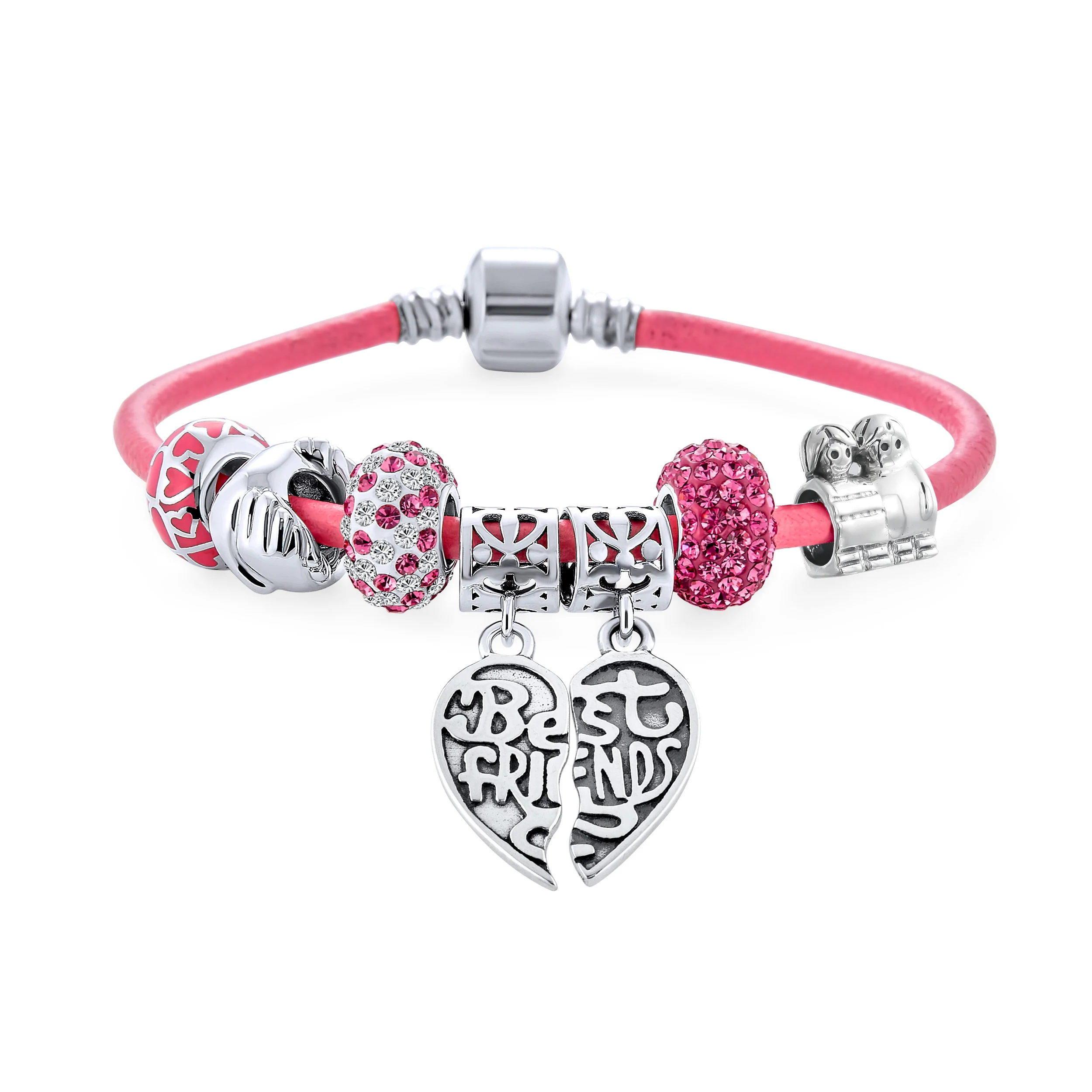 2 PCS Best Friend Heart Charm Bracelet Pink Leather Silver - Image 2