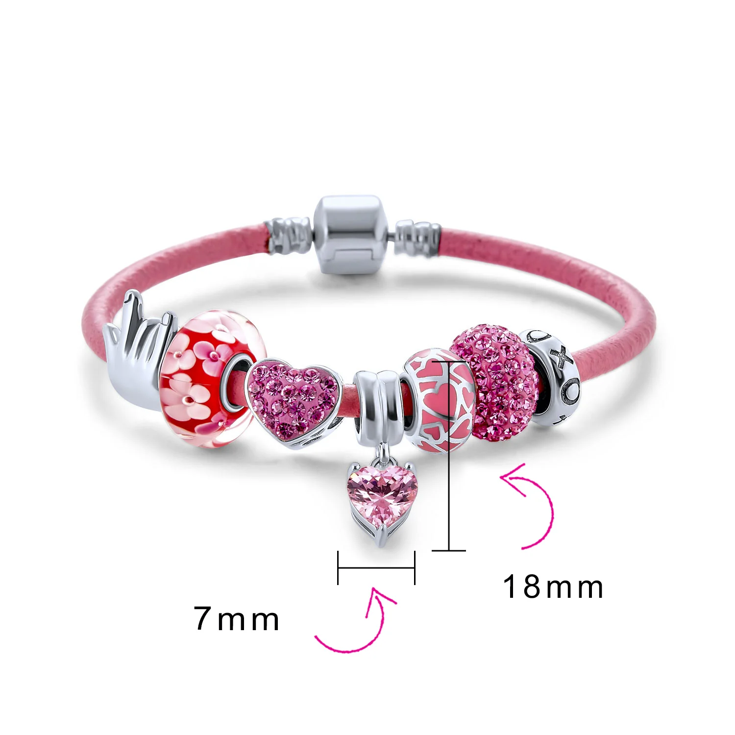 I LOVE YOU Hand Sign Heart Beads Multi Charm Bracelet Sterling Silver 6.5-9 Inch - Image 2