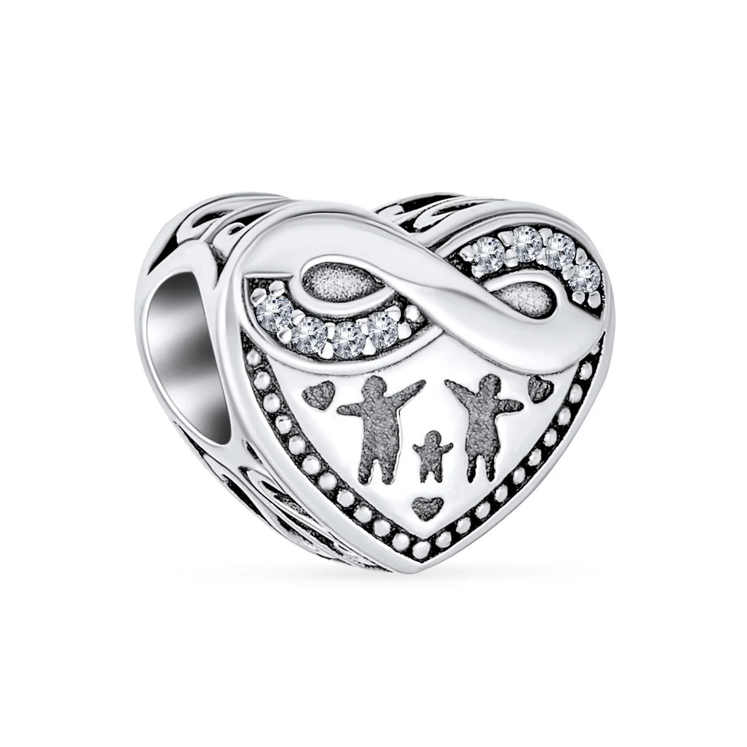 CZ Accent Loving Family Heart Charm Bead Wife Sterling Silver for Bracelet