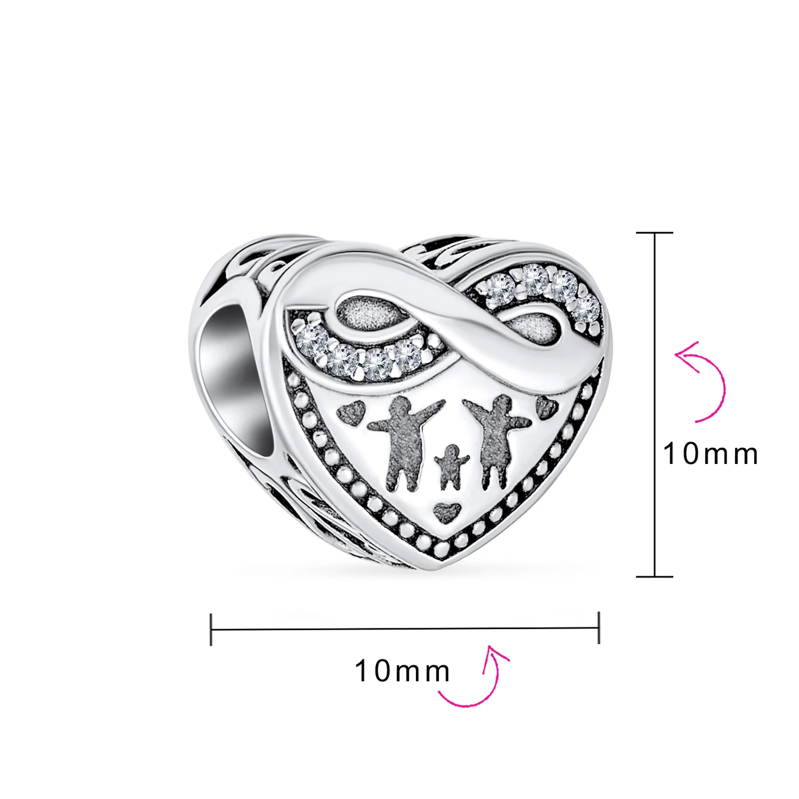 CZ Accent Loving Family Heart Charm Bead Wife Sterling Silver for Bracelet - Image 3