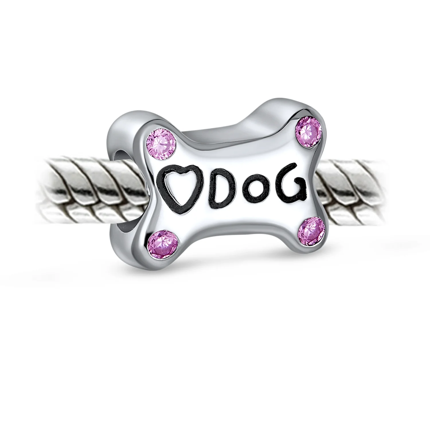 Sterling Silver Dog Bone Pink CZ Heart Charm Bead Bracelet Puppy Pet Theme - Image 2