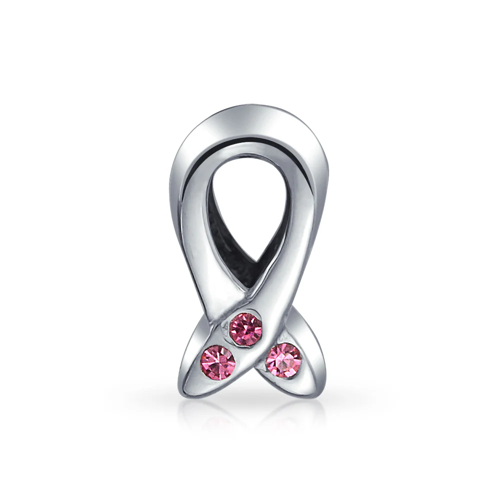 Pink Ribbon Breast Cancer Survivor Support CZ Charm Bead .925 Sterling Silver for Bracelet