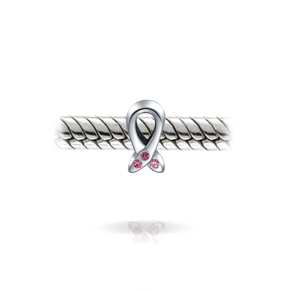 Pink Ribbon Breast Cancer Survivor Support CZ Charm Bead .925 Sterling Silver for Bracelet - Image 2