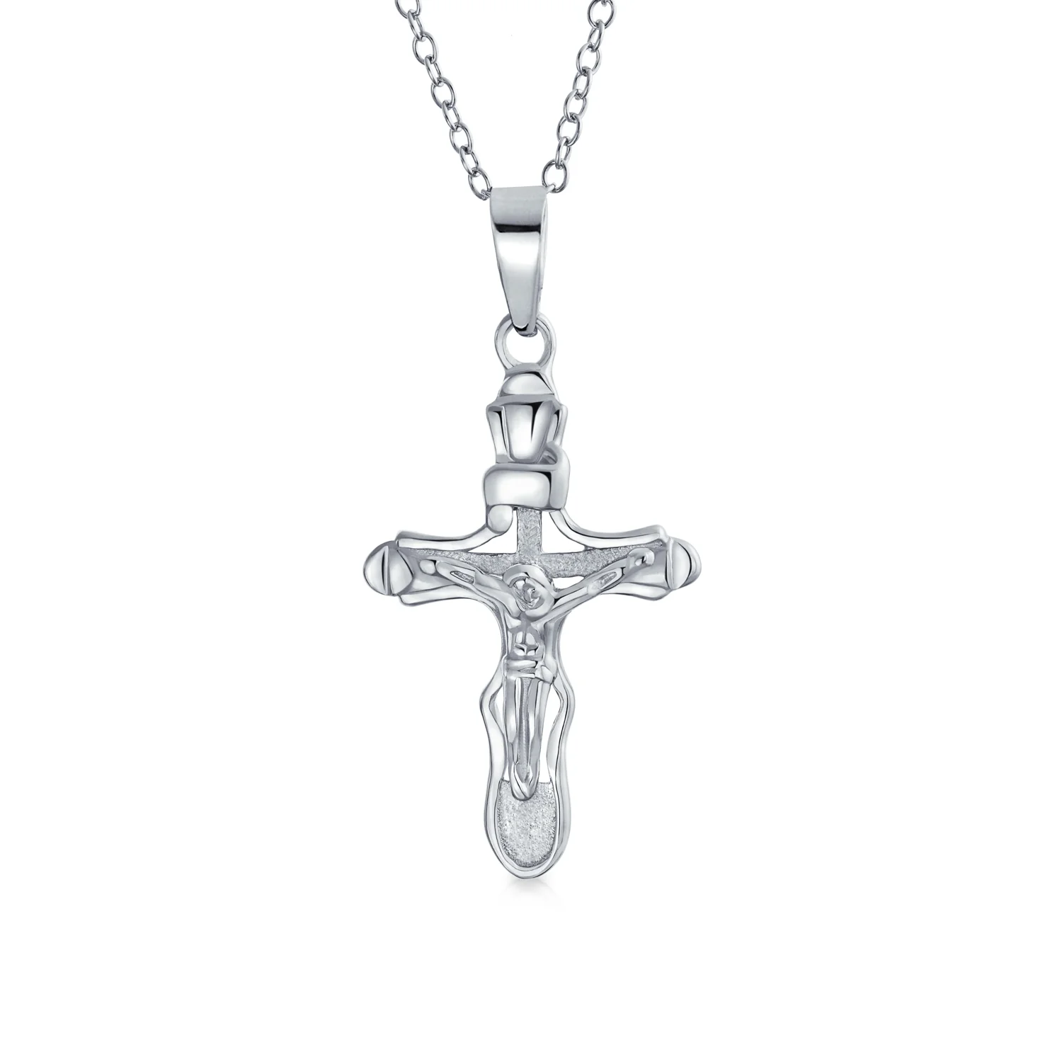 Religious Jesus Passion Crucifix Cross Pendant Necklace Matte .925 Sterling Silver 18 Inch