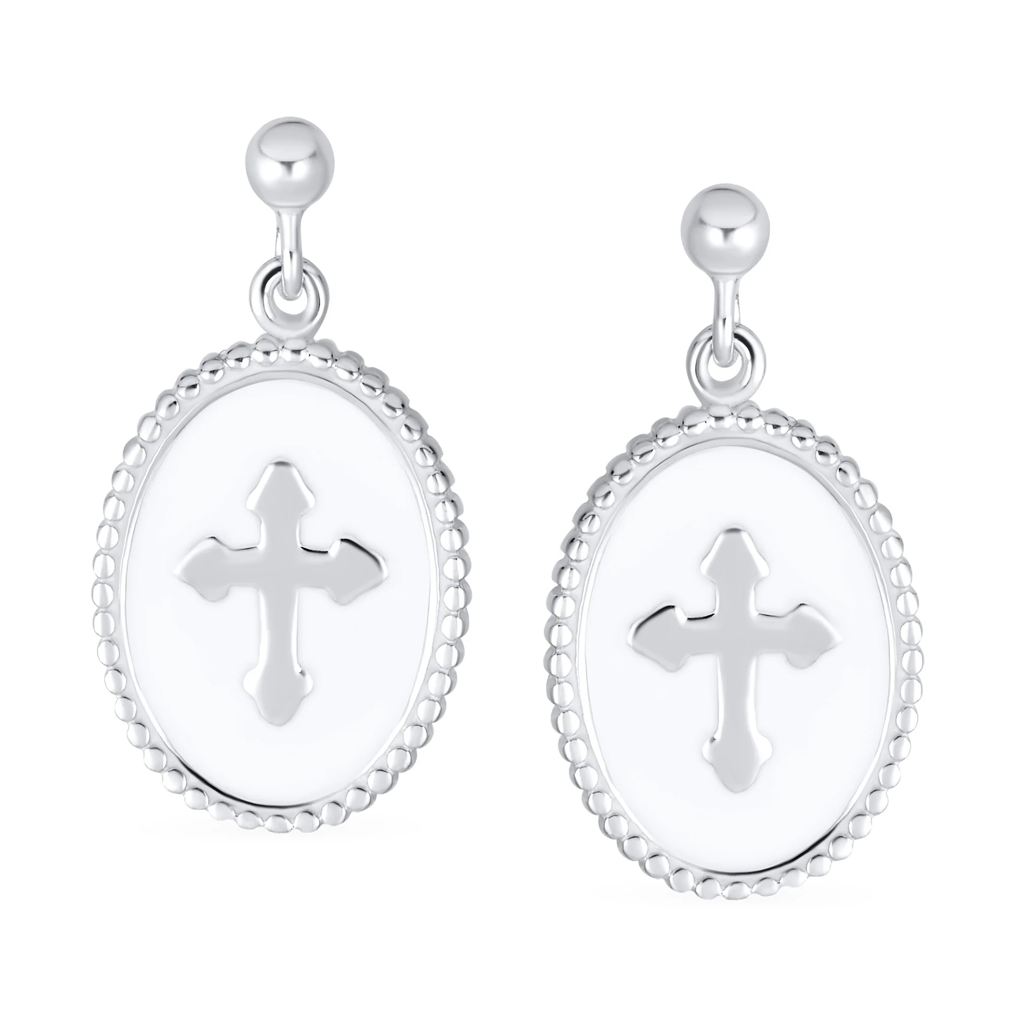 Christian Religious White Enamel Fleur De Lis Cross Dangle Earrings  Silver - Image 2