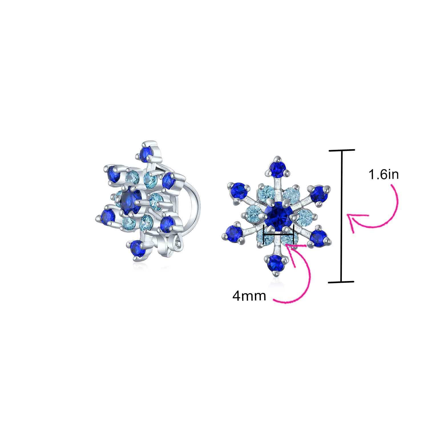 Christmas Party CZ Aqua Star Snowflake Clip-On Earrings Silver Plated - Image 4