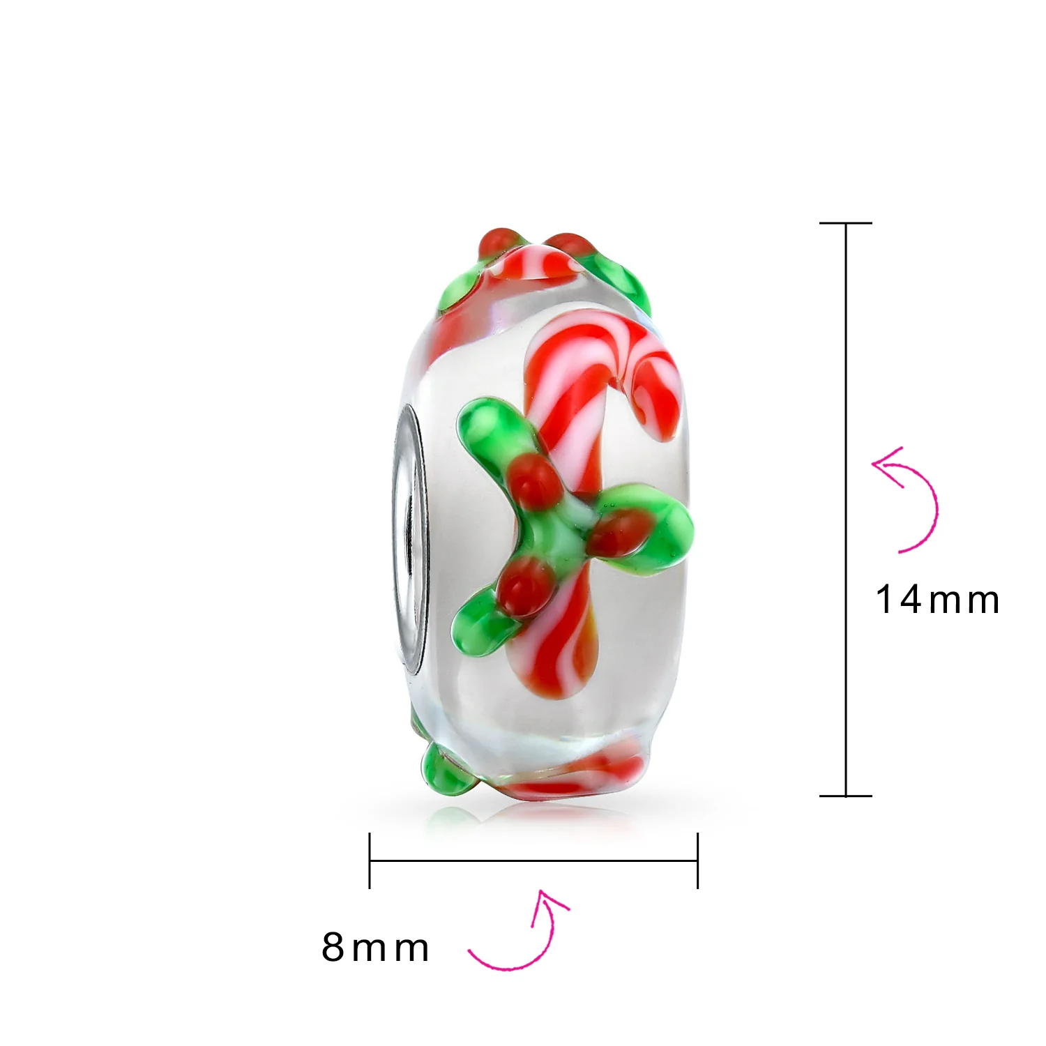 Set of 2 Christmas Charm Bead Red Candy Cane Peppermint Murano Glass Silver - Image 4