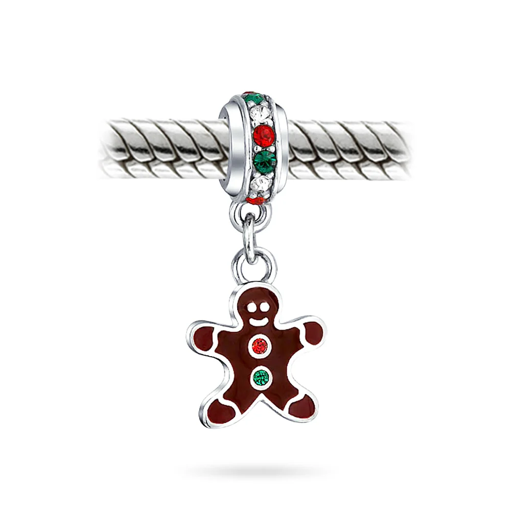 Christmas Charm Bead Gingerbread Man Cookie Brown Enamel Silver Bracelet - Image 2