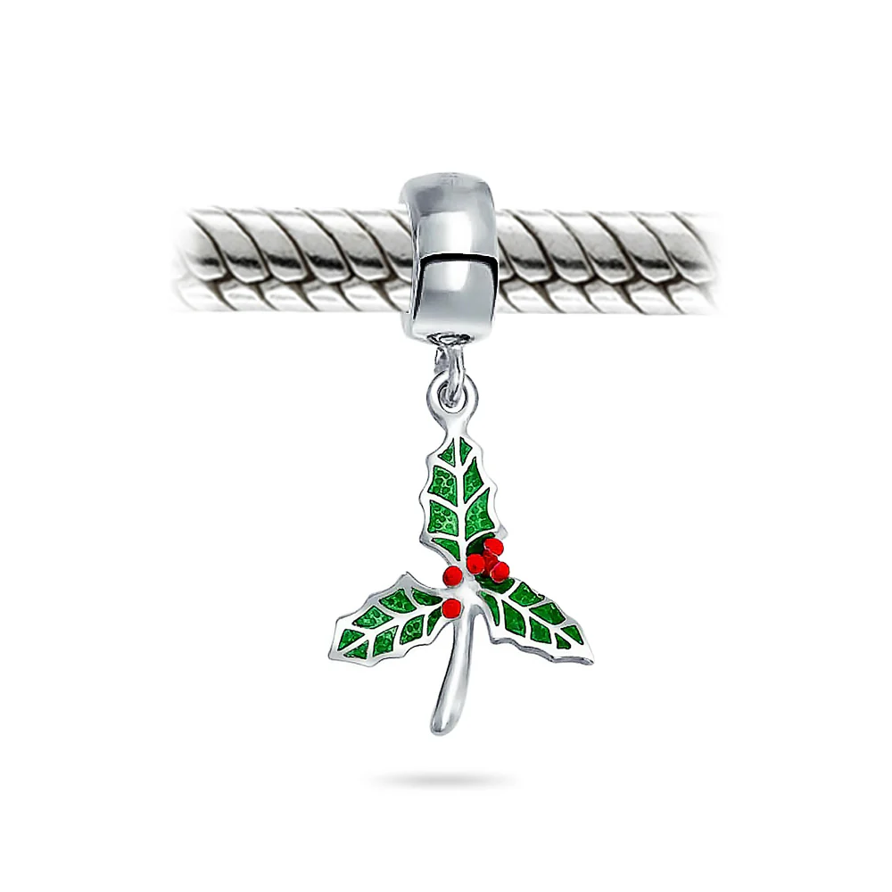 Christmas Charm Bead Green Mistletoe Holly Dangle Sterling Silver for Bracelets - Image 2