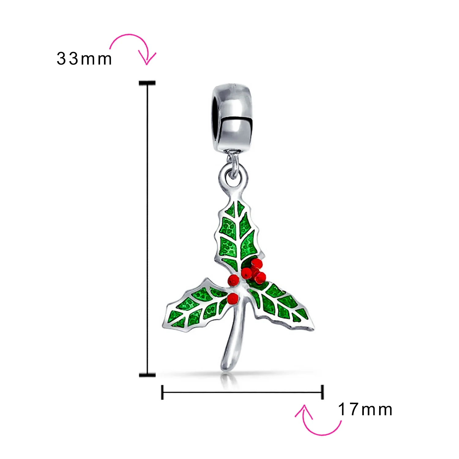 Christmas Charm Bead Green Mistletoe Holly Dangle Sterling Silver for Bracelets - Image 3