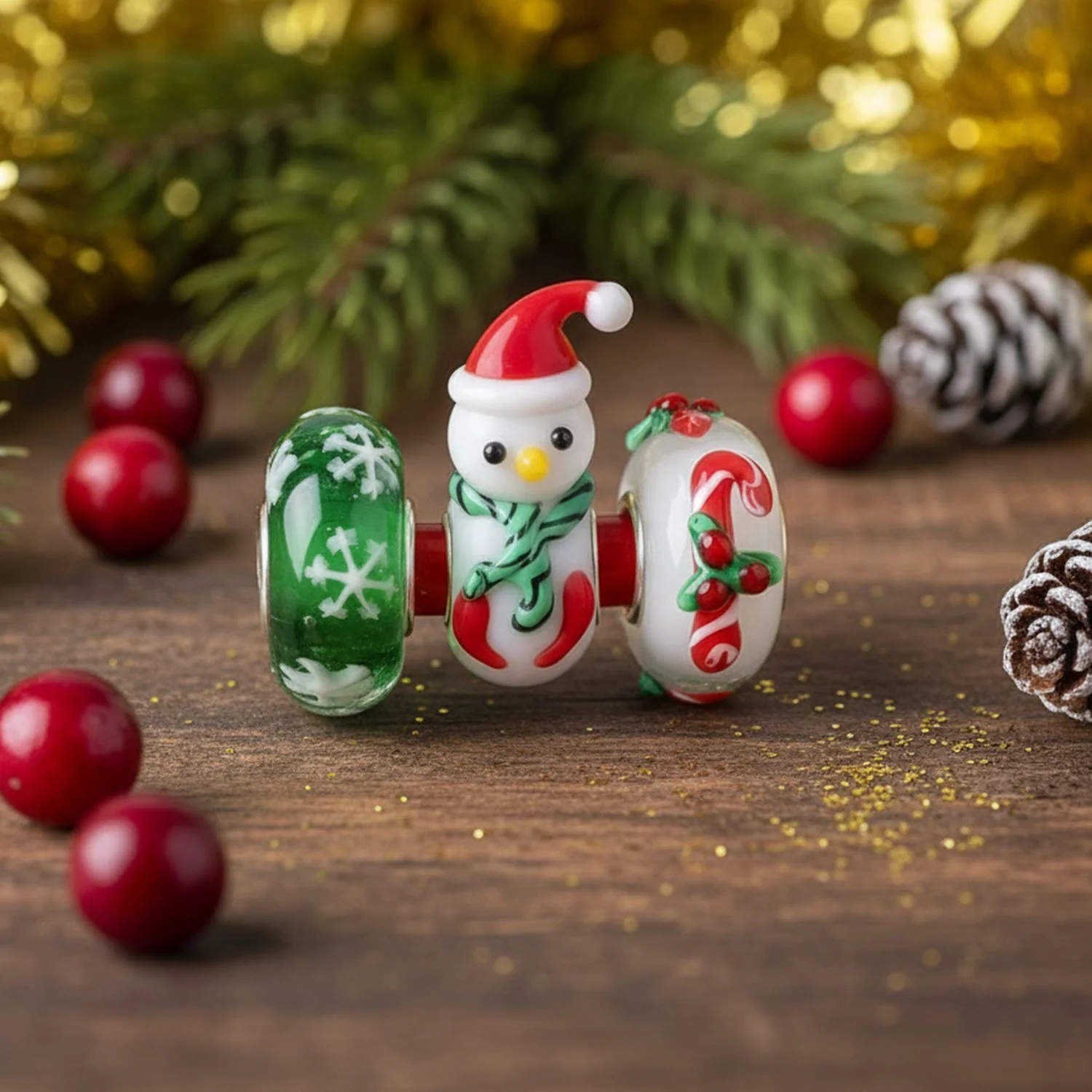 Murano Glass Christmas Charm Bead with Stocking Snowflake and Reindeer - Image 3