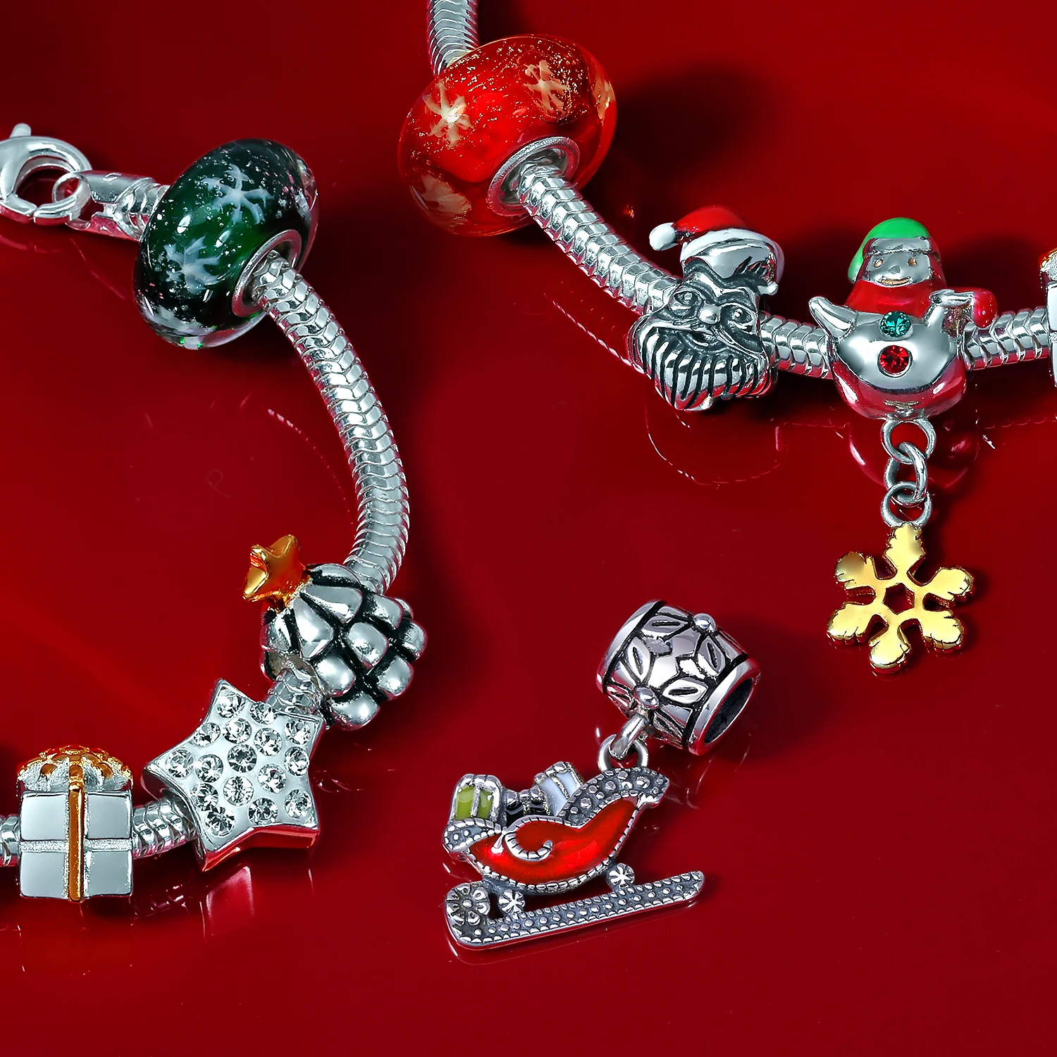 Christmas Charm Bead Red Santa Sleigh Dangle for European Bracelet Silver - Image 4