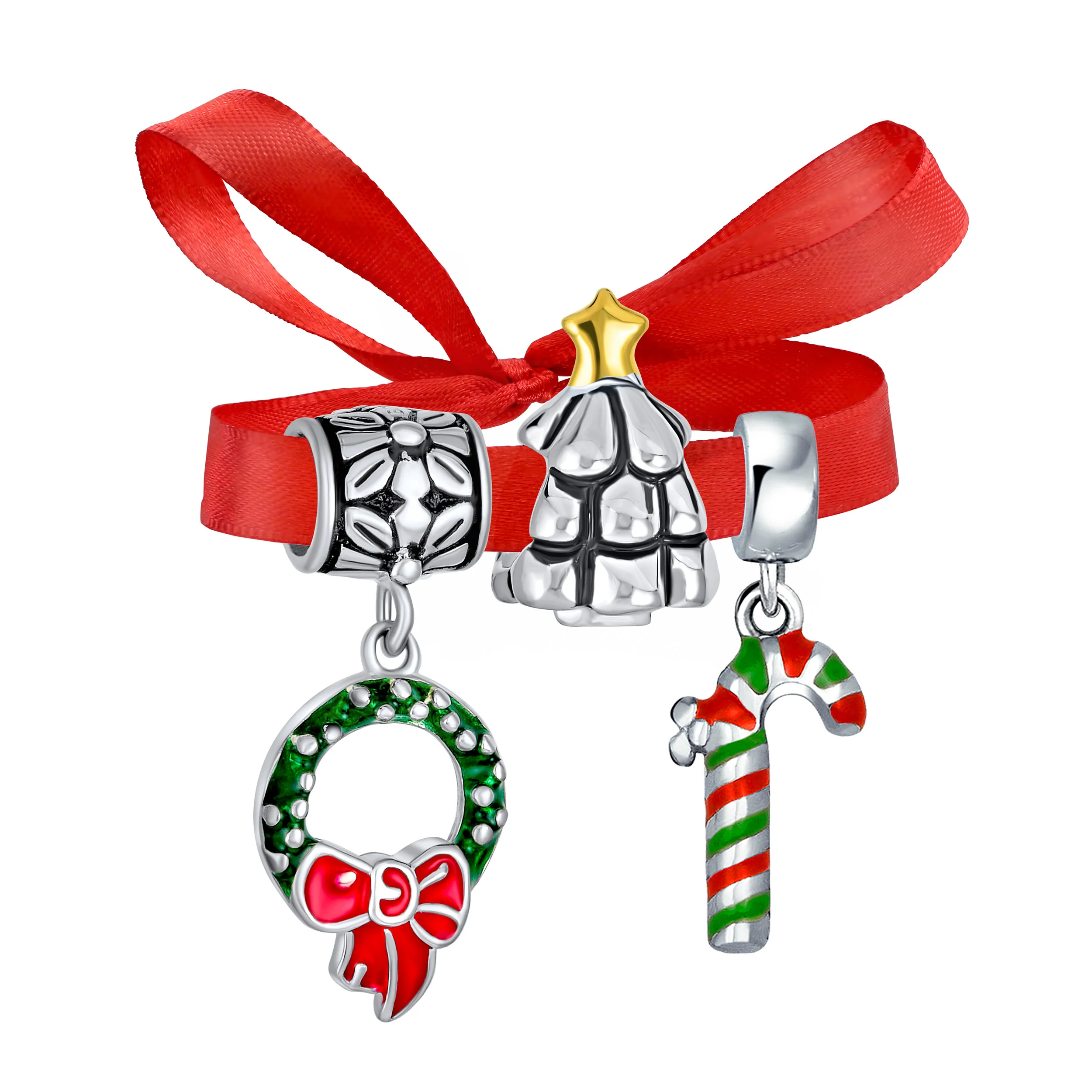 Christmas Charm Bead Tree Wreath & Candy Cane Enamel for European Bracelet