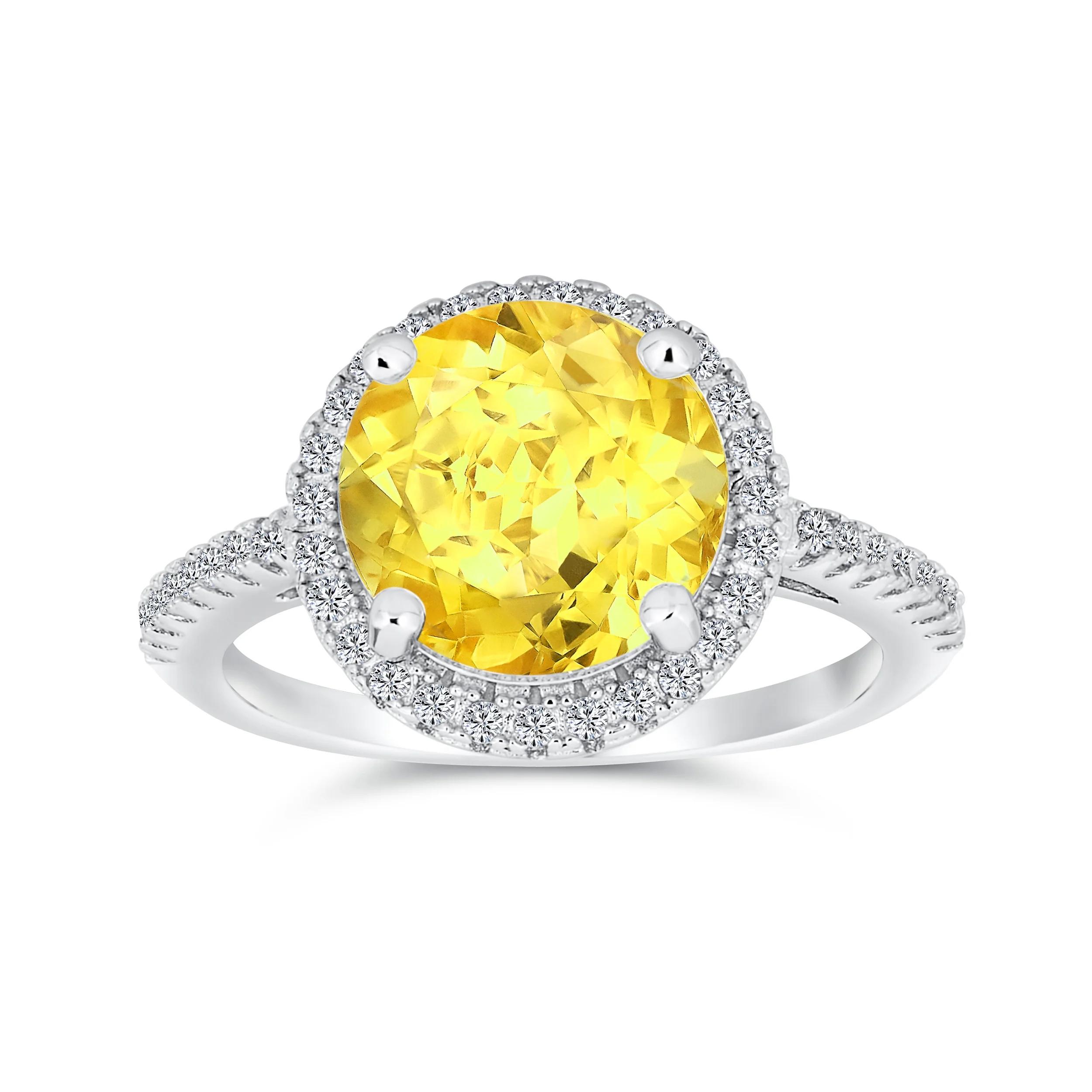 Classic 3CT Clear Yellow CZ Round Solitaire Halo Engagement Ring .925 Sterling Silver Thin Pave Band - Image 2
