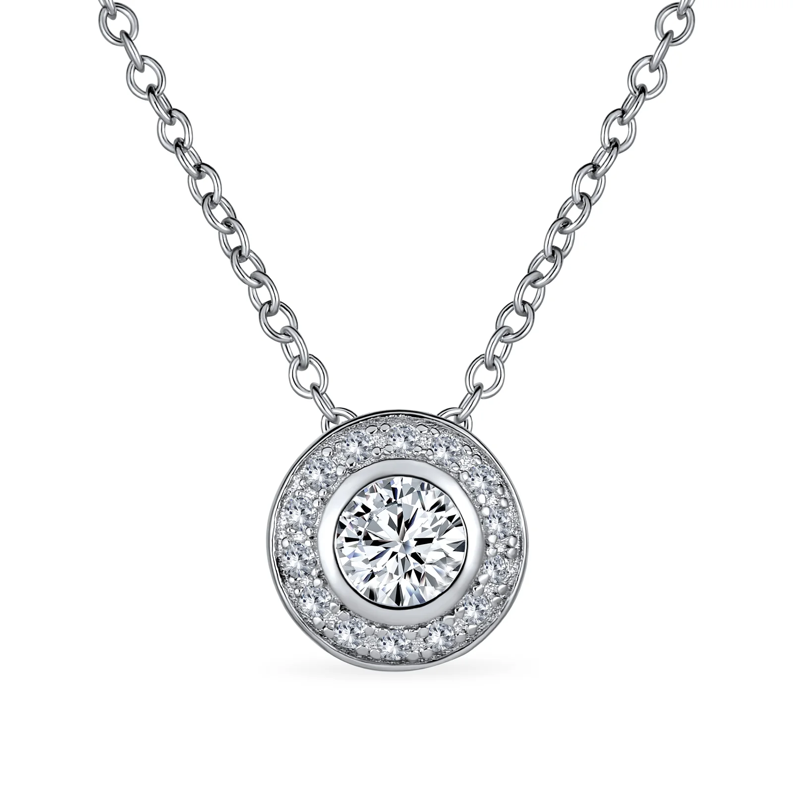 Classic Art Deco Style CZ Halo Circle Rosette Solitaire Pendant Cubic Zirconia .925 Sterling Silver