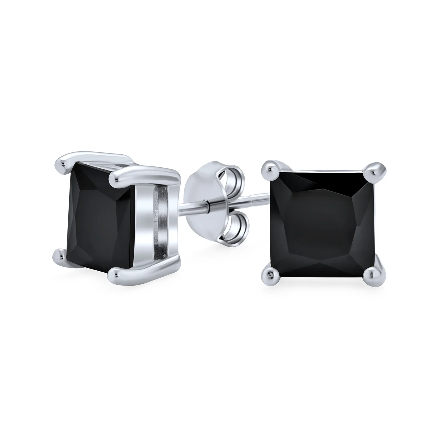 Classic Black Cubic Zirconia Princess Cut CZ Stud Earrings .925 Sterling Silver