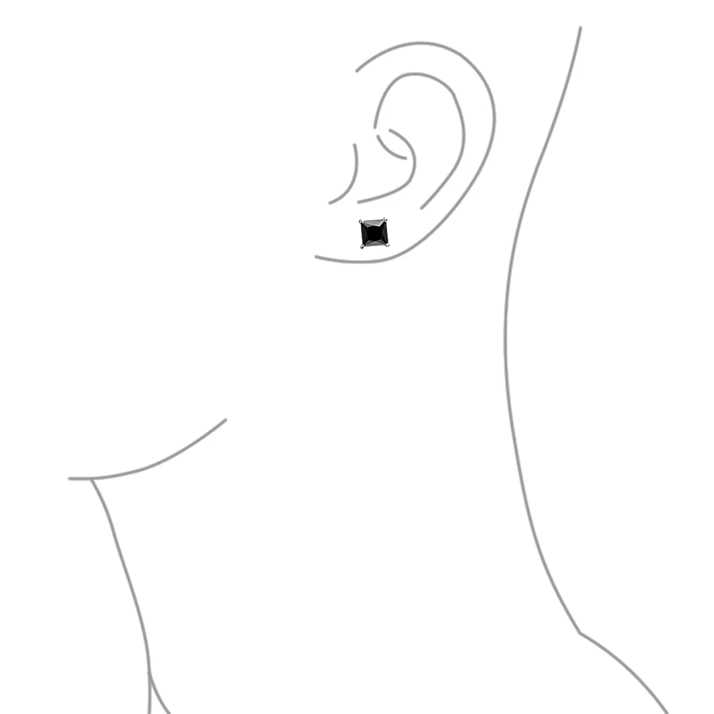 Classic Black Cubic Zirconia Princess Cut CZ Stud Earrings .925 Sterling Silver - Image 3
