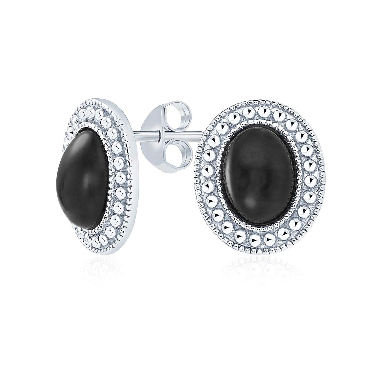 Classic Black Onyx Semi Precious Gemstone Milgrain Bezel Halo Oval Stud Earrings .925 Sterling Silver - Image 2