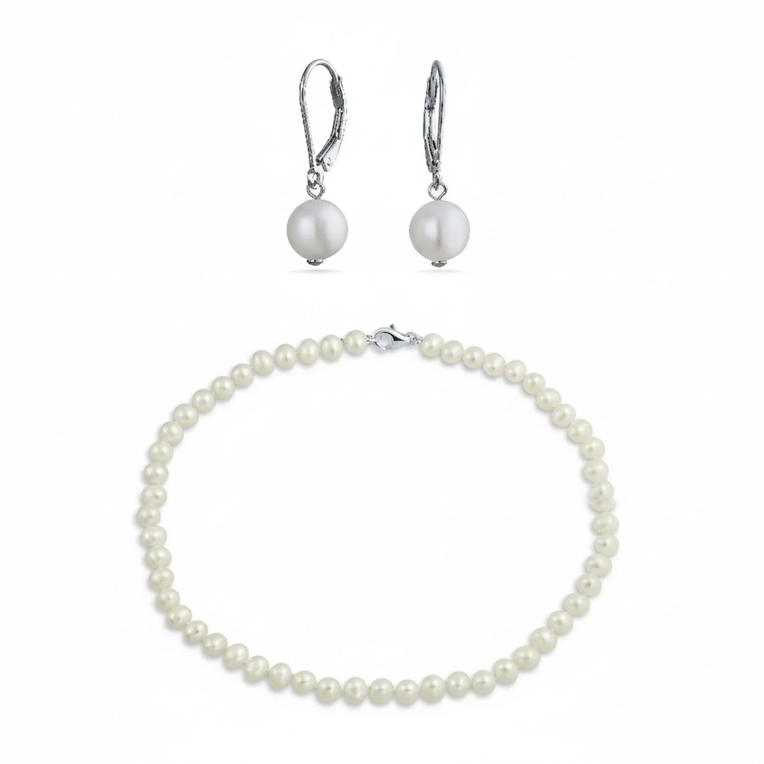 Classic Bridal 7MM White Freshwater Pearl Necklace & 8MM Drop Pearl Earrings Set
