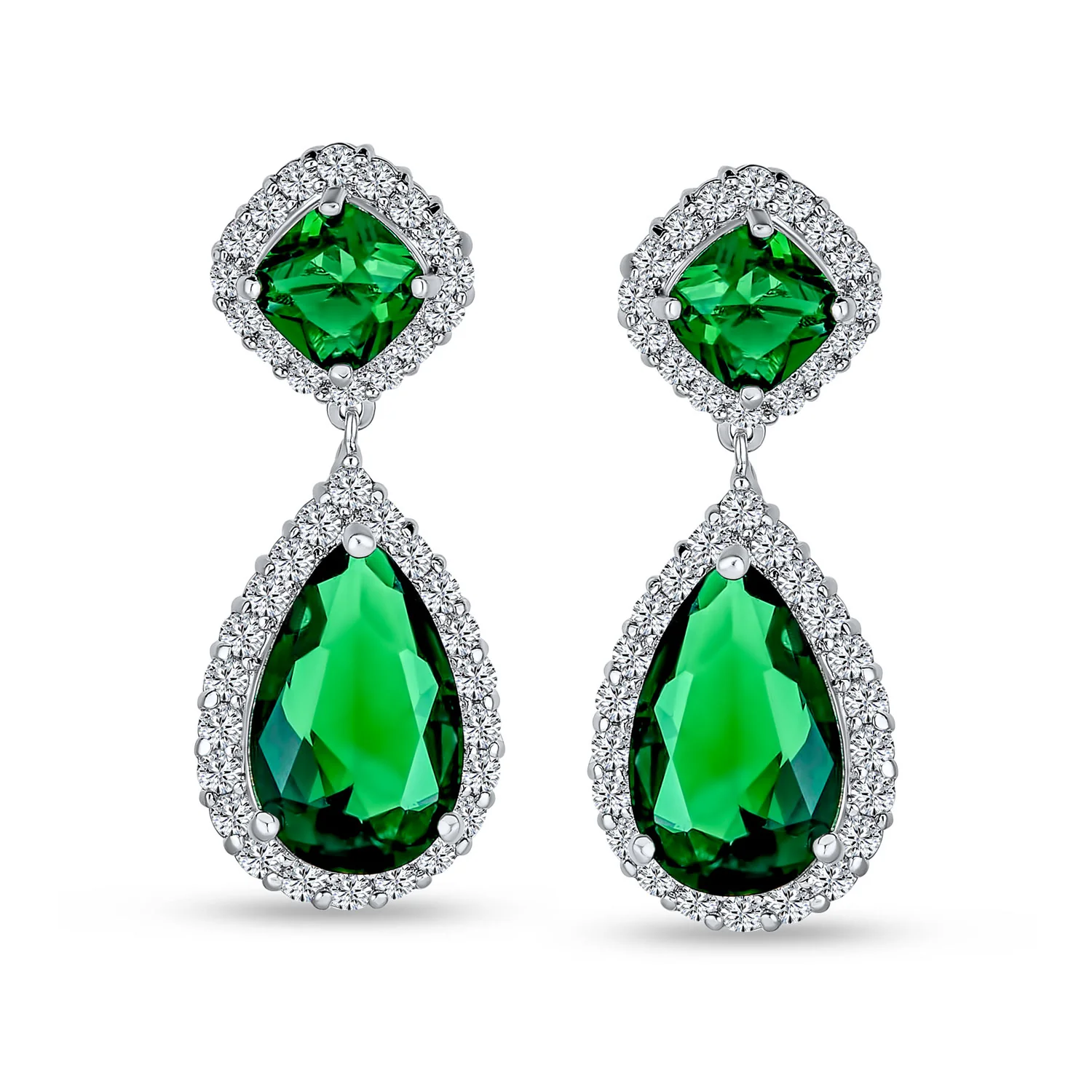 Cocktail CZ Halo 7CT Emerald Green Cubic Zirconia Teardrop Chandelier Earrings - Image 2