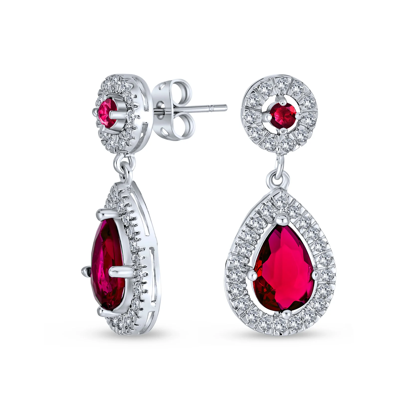 Classic Cocktail Cubic Zirconia Halo Red Teardrop CZ Drop Earrings Silver Plated - Image 3