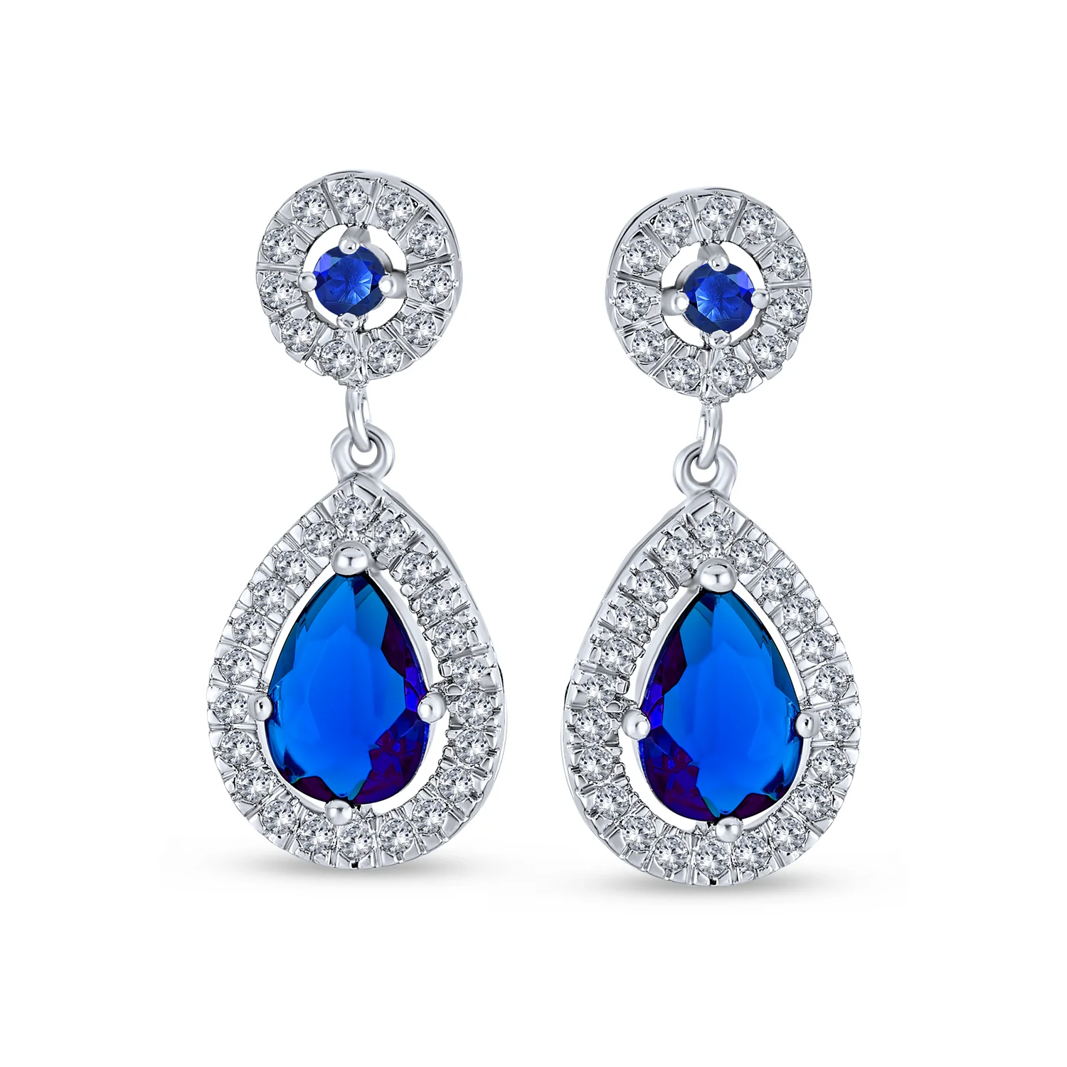 Classic Cocktail Cubic Zirconia Halo Red Teardrop CZ Drop Earrings Silver Plated - Image 4