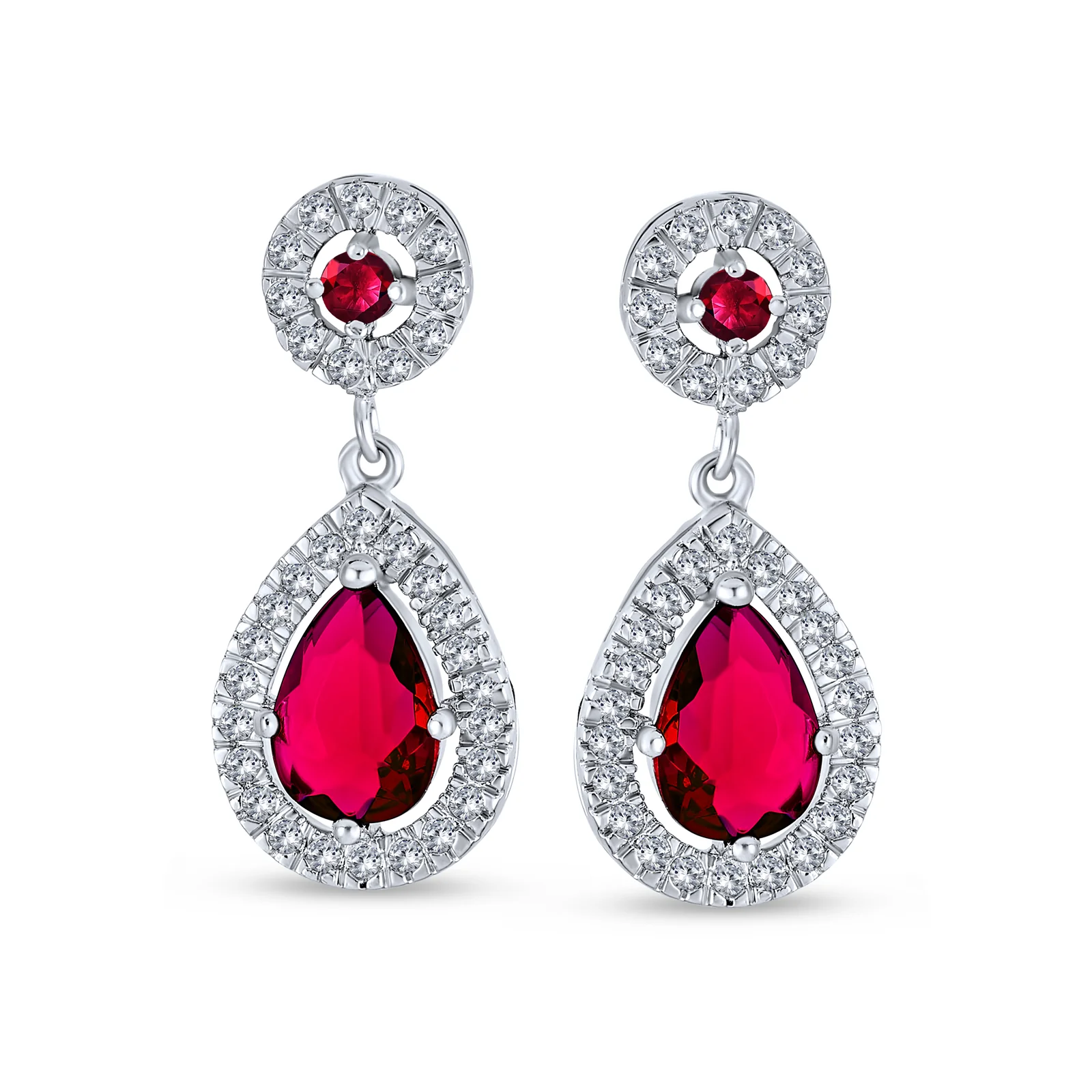 Classic Cocktail Cubic Zirconia Halo Red Teardrop CZ Drop Earrings Silver Plated - Image 6