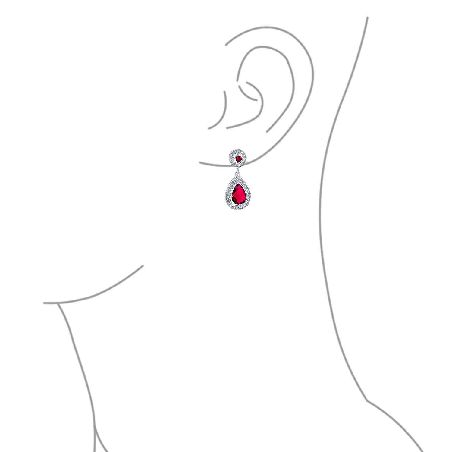 Classic Cocktail Cubic Zirconia Halo Red Teardrop CZ Drop Earrings Silver Plated - Image 9