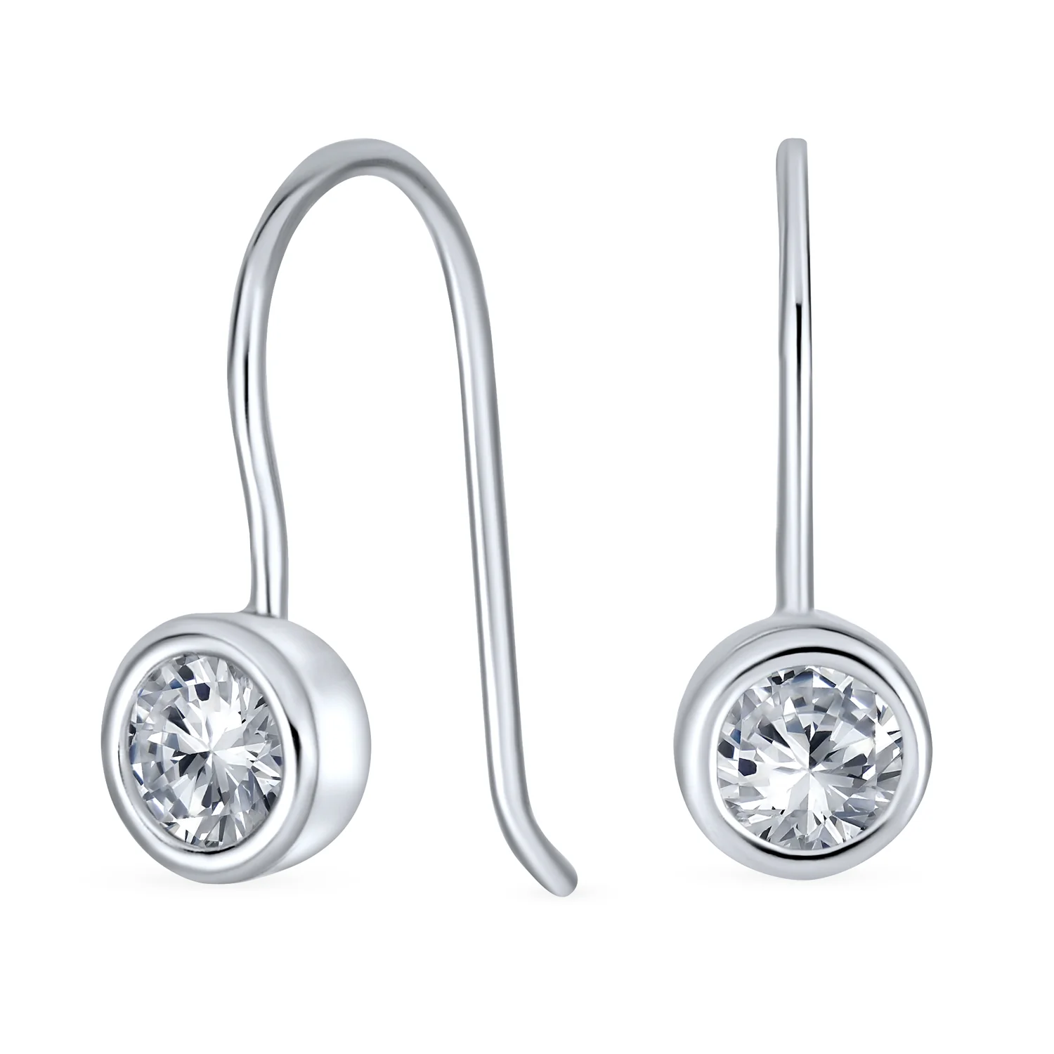 Classic Small Solitaire Bezel Set CZ Drop Earrings .925 Sterling Silver Fishhook