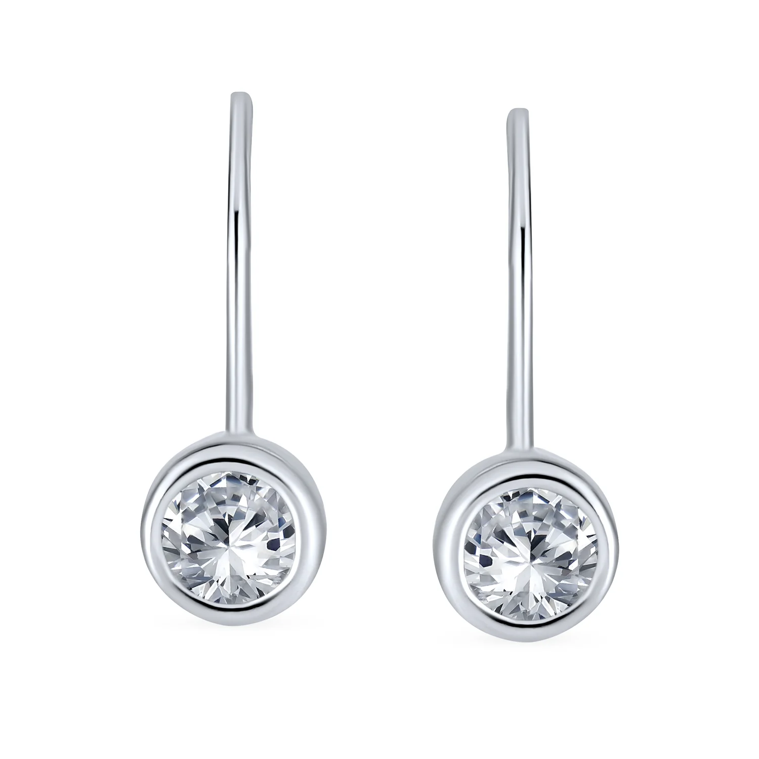 Classic Small Solitaire Bezel Set CZ Drop Earrings .925 Sterling Silver Fishhook - Image 2