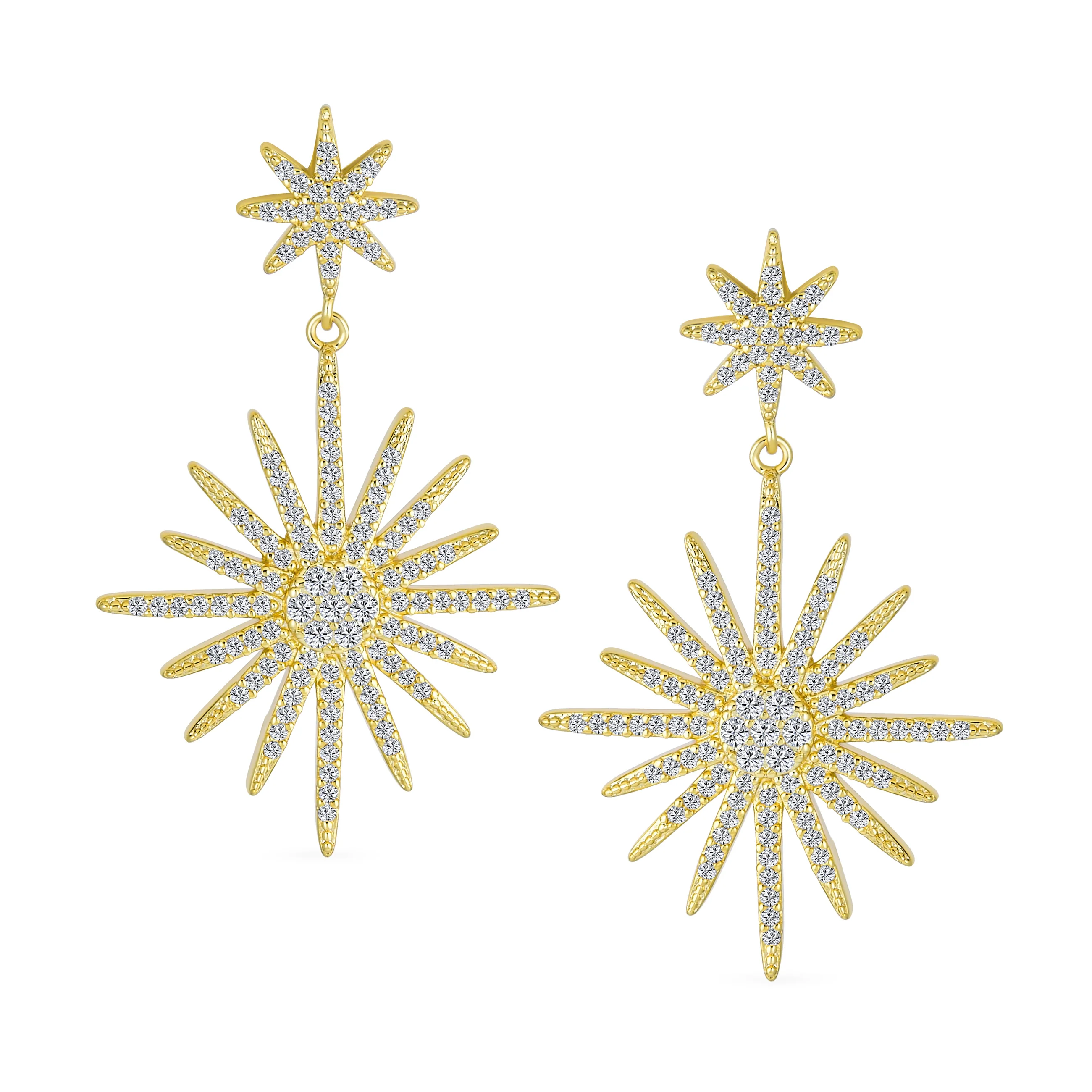 Classic Bridal Dangle Chandelier Earrings CZ Starburst Gold for Wedding Prom - Image 2