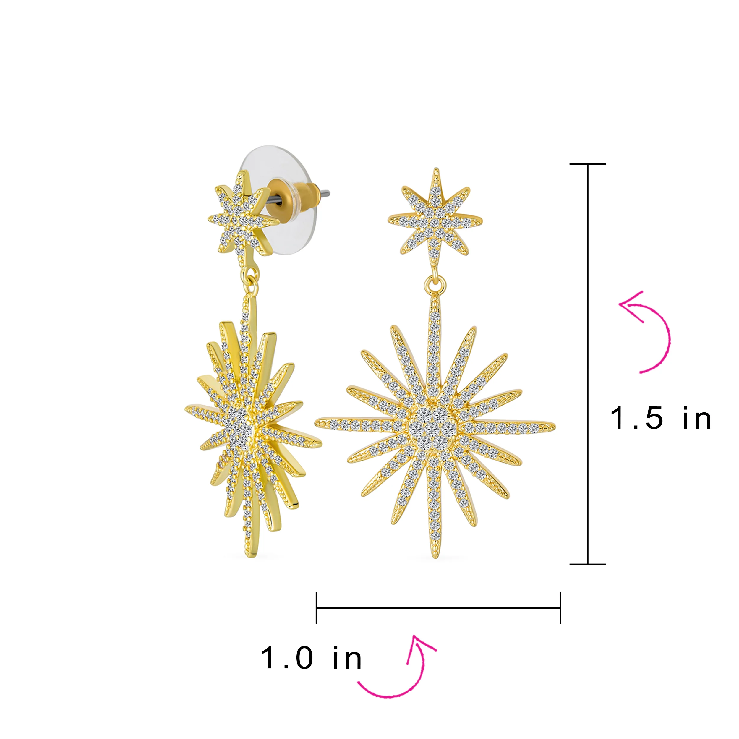 Classic Bridal Dangle Chandelier Earrings CZ Starburst Gold for Wedding Prom - Image 4