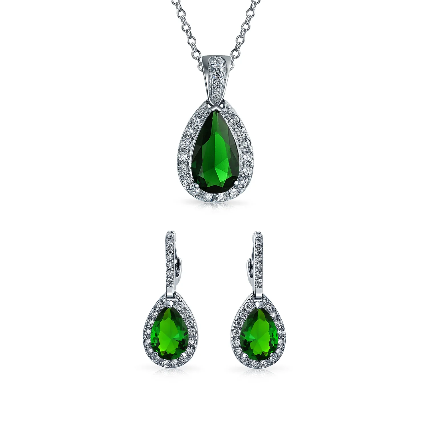 Solitaire Teardrop Halo Blue Green Red Cubic Zirconia CZ Pendant Necklace Earrings Jewelry Set