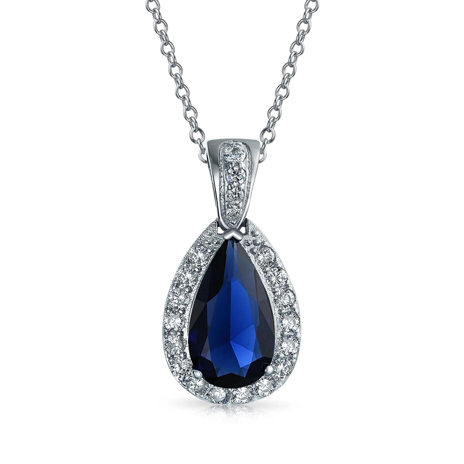 Solitaire Teardrop Halo Blue Green Red Cubic Zirconia CZ Pendant Necklace Earrings Jewelry Set - Image 5