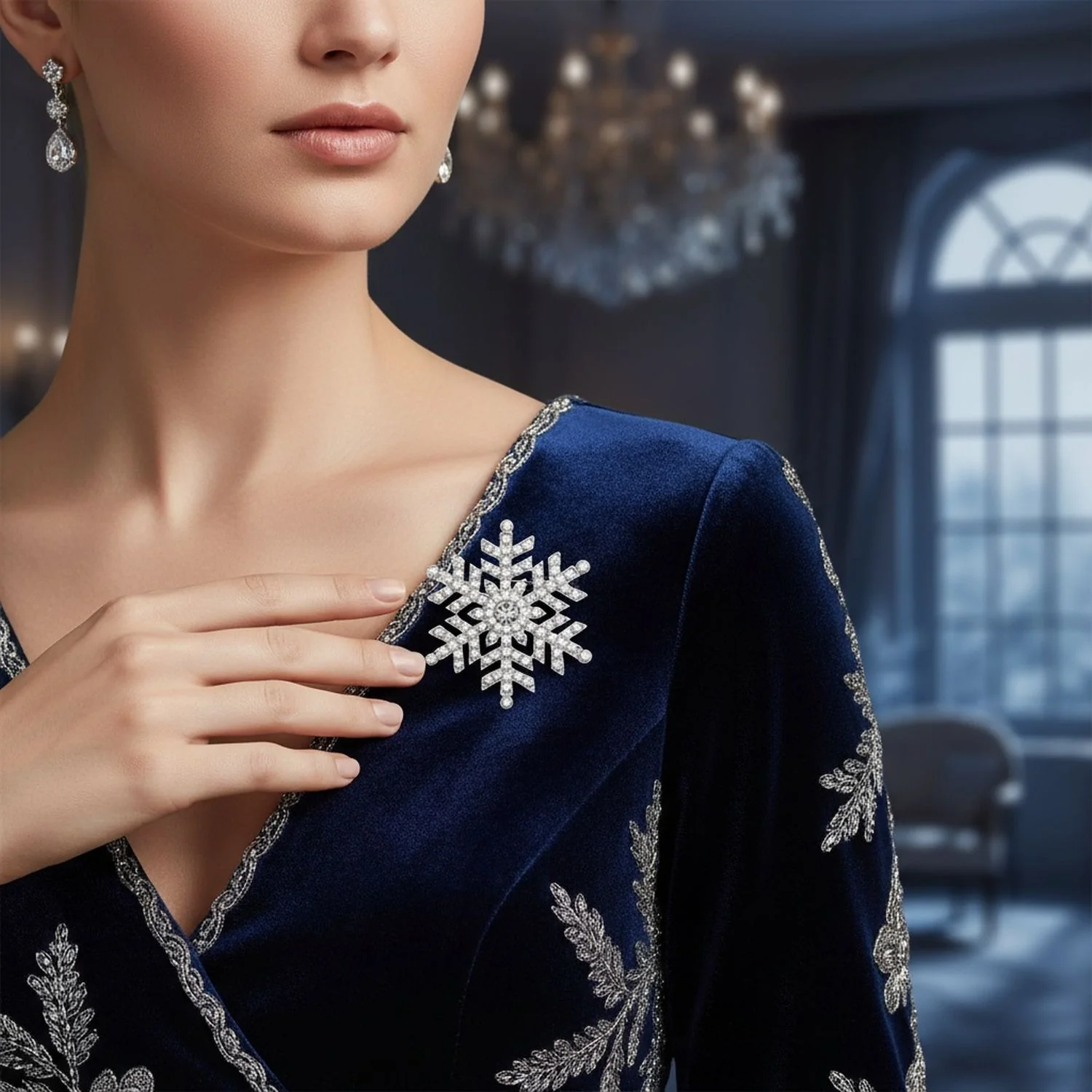 Classic Christmas Brooche Pin White Pearl Crystal Snowflake Scarf Accessory - Image 3