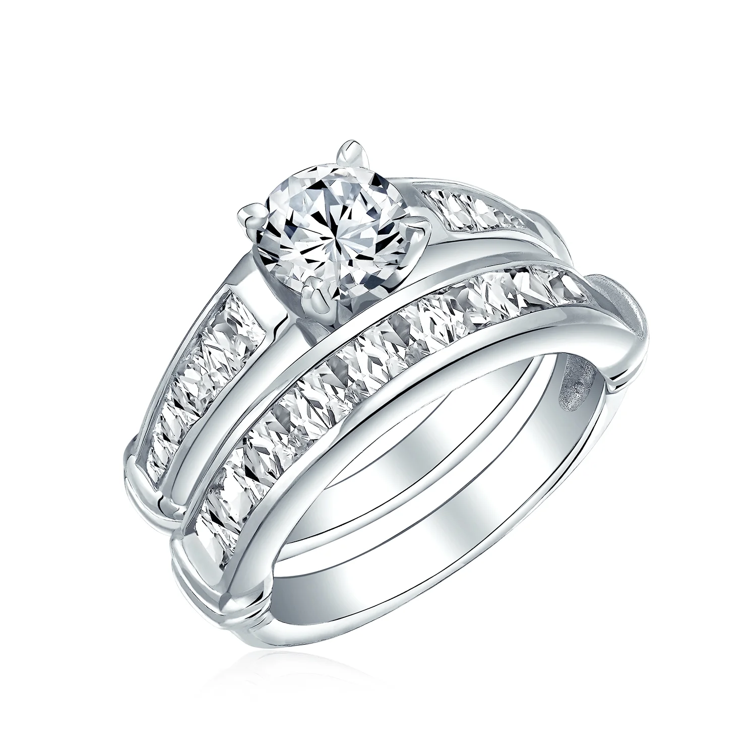 Traditional 2CT CZ Solitaire & Channel-Set Band Engagement Ring Set .925 Sterling Silver - Image 2