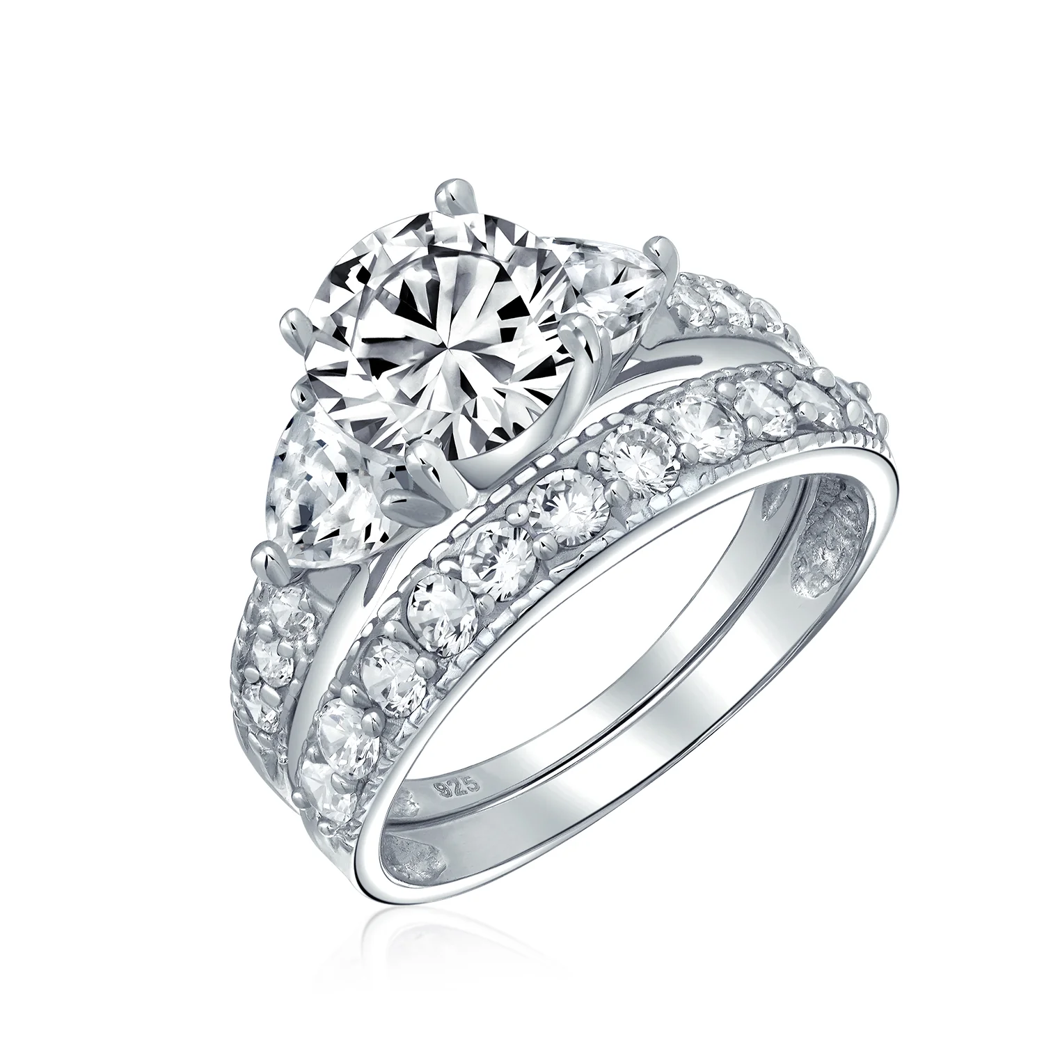 3CT CZ Solitaire with Heart Accents Cubic Zirconia Engagement Ring Set Band .925 Sterling Silver - Image 2