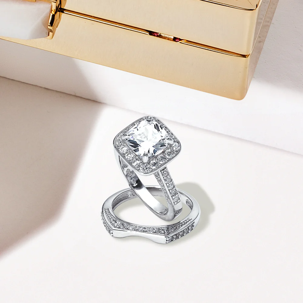 2CT Cushion Cut CZ Engagement Ring in .925 Sterling Silver with Three-Sided Double Pave Band - Image 4