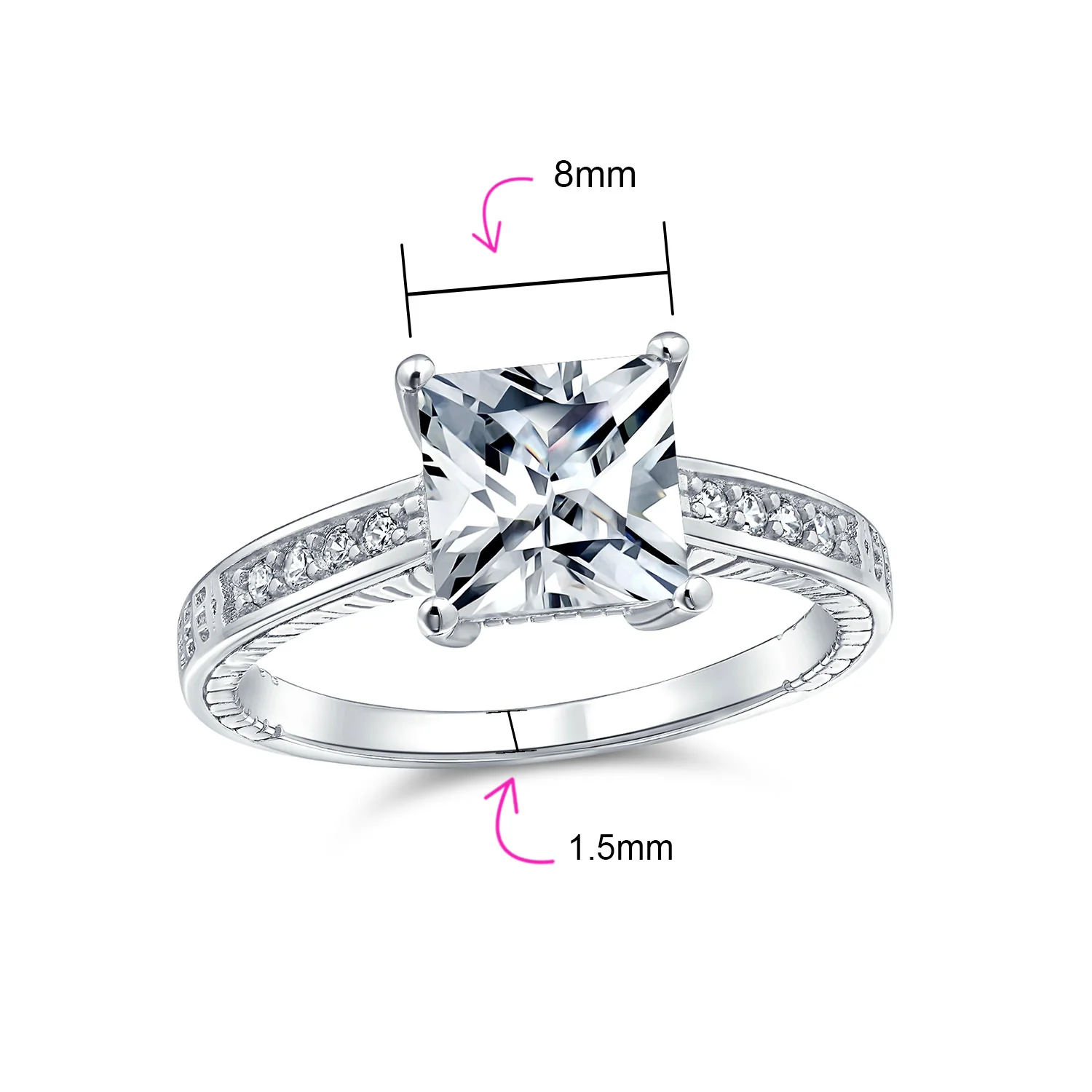 Classic CZ Princess Cut Solitaire Engagement Ring in Sterling Silver Band - Image 4