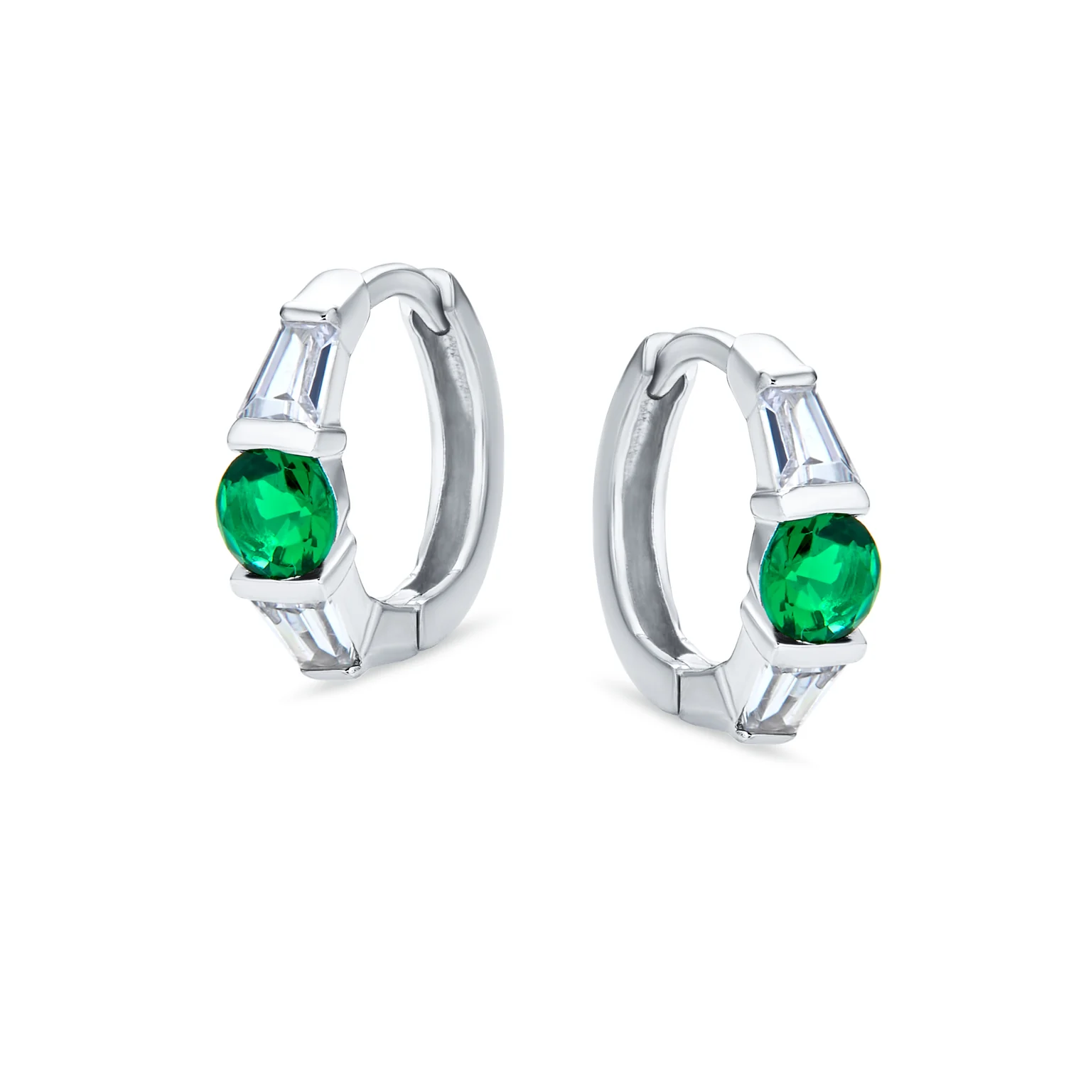 Classic Dainty Green White CZ Hoop Earrings Baguette Solitaire Sterling Silver - Image 2