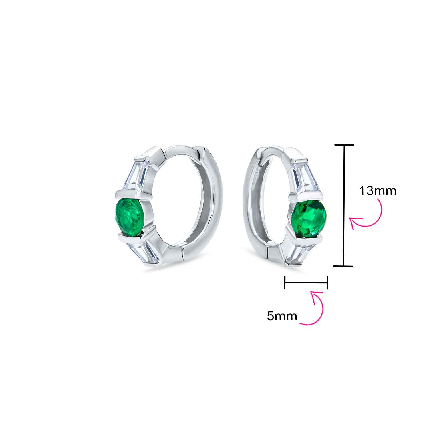 Classic Dainty Green White CZ Hoop Earrings Baguette Solitaire Sterling Silver - Image 4