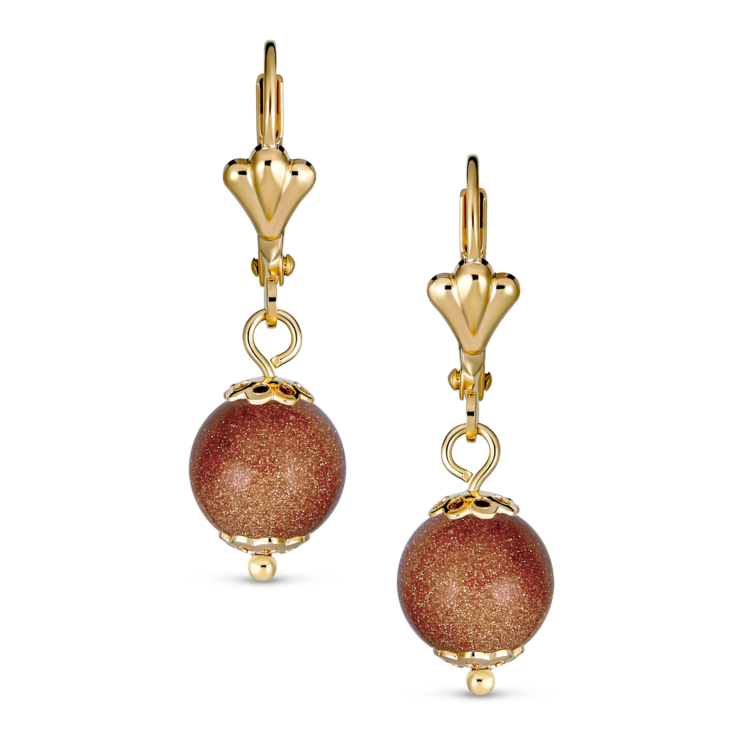 Set of 2 Round Brown Goldstone Black Onyx Drop Ball Earrings - Image 2