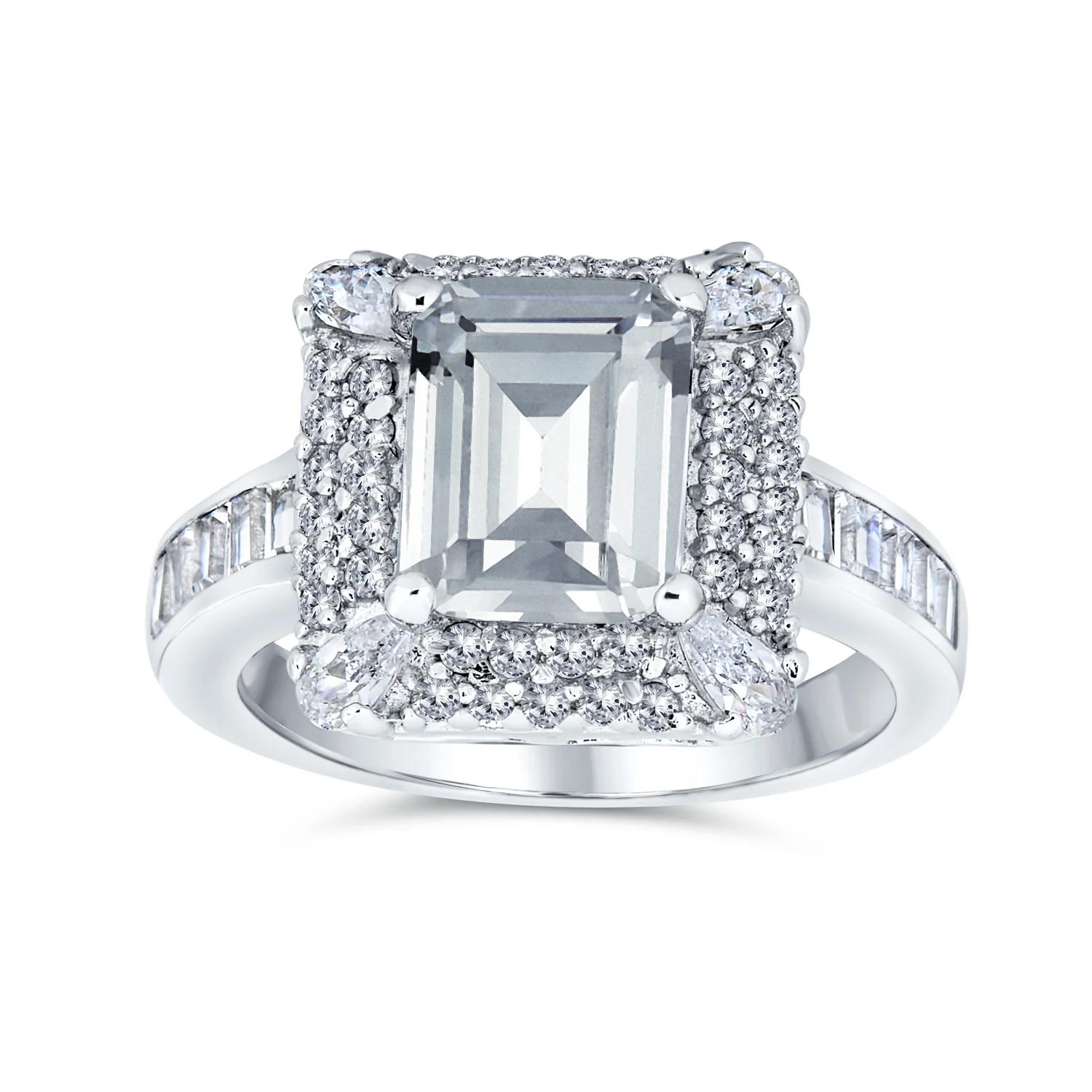 Classic 4CTW CZ Halo Emerald Cut Engagement Ring Sterling Silver Pave Band - Image 2