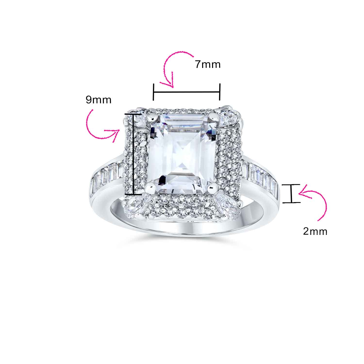Classic 4CTW CZ Halo Emerald Cut Engagement Ring Sterling Silver Pave Band - Image 3