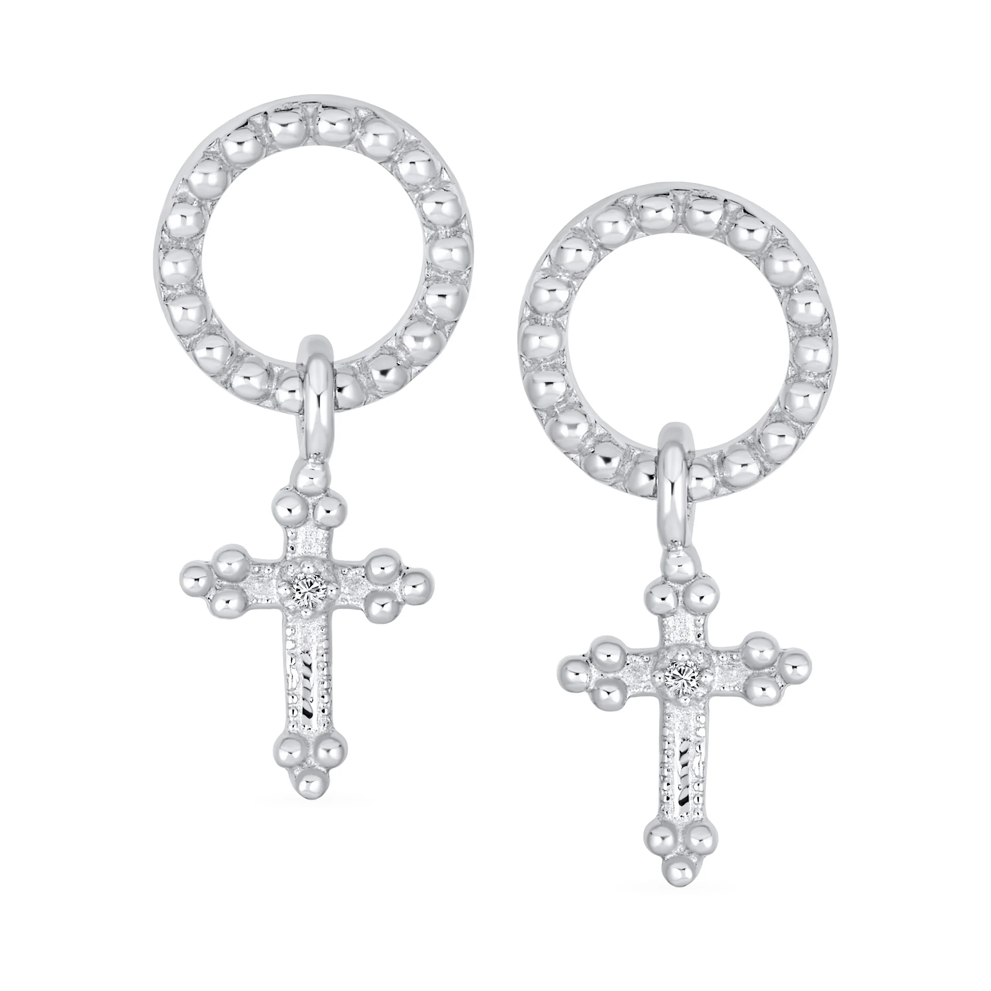 Religious Spiritual Eternal Circle & Fleur De Lis Cross Earrings Sterling Silver - Image 2