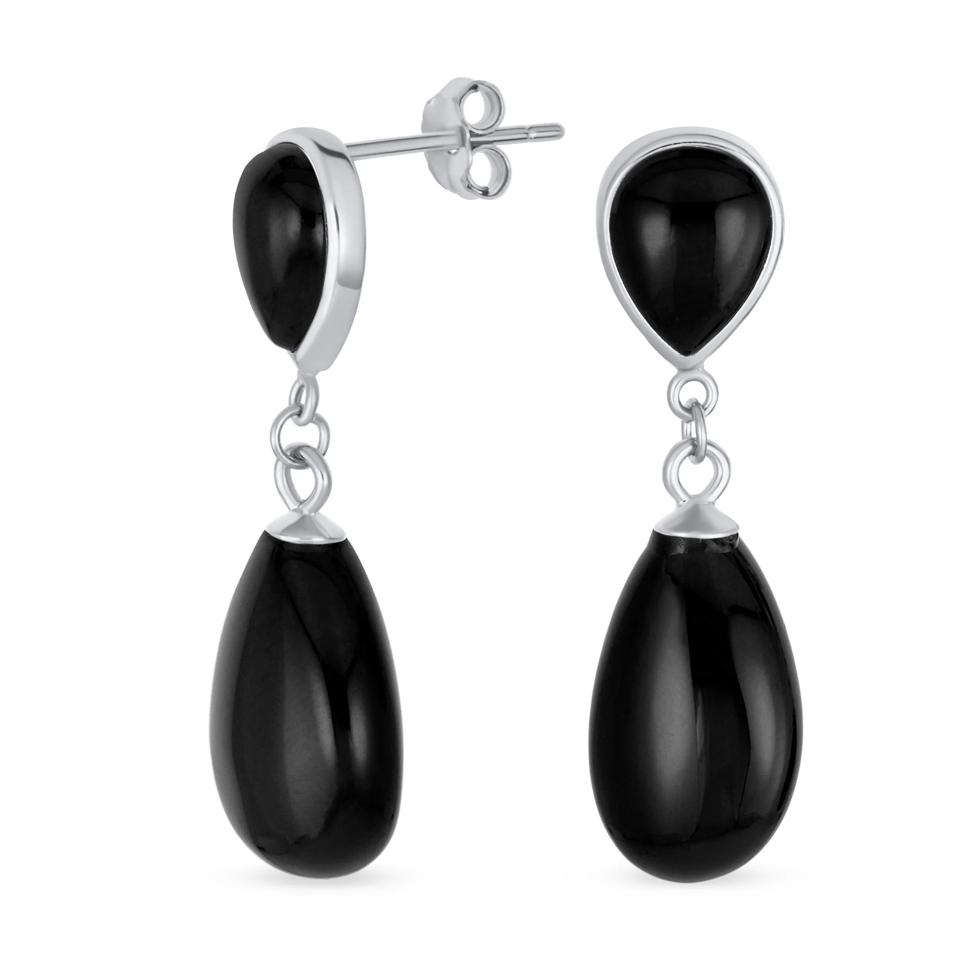 Classic Gemstone Dangle Earrings Black Onyx & Green Jade in 14K Gold Overlay - Image 4