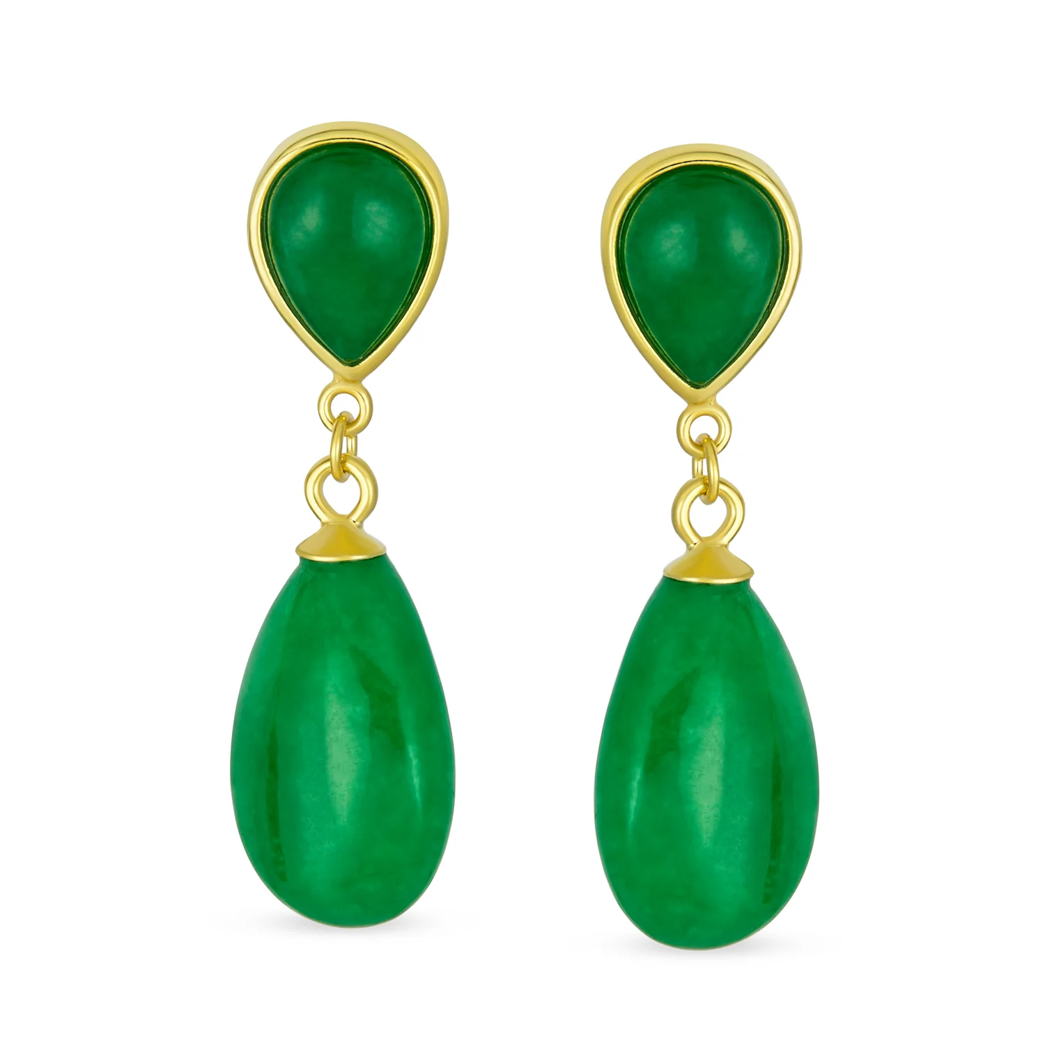 Classic Gemstone Dangle Earrings Black Onyx & Green Jade in 14K Gold Overlay - Image 5