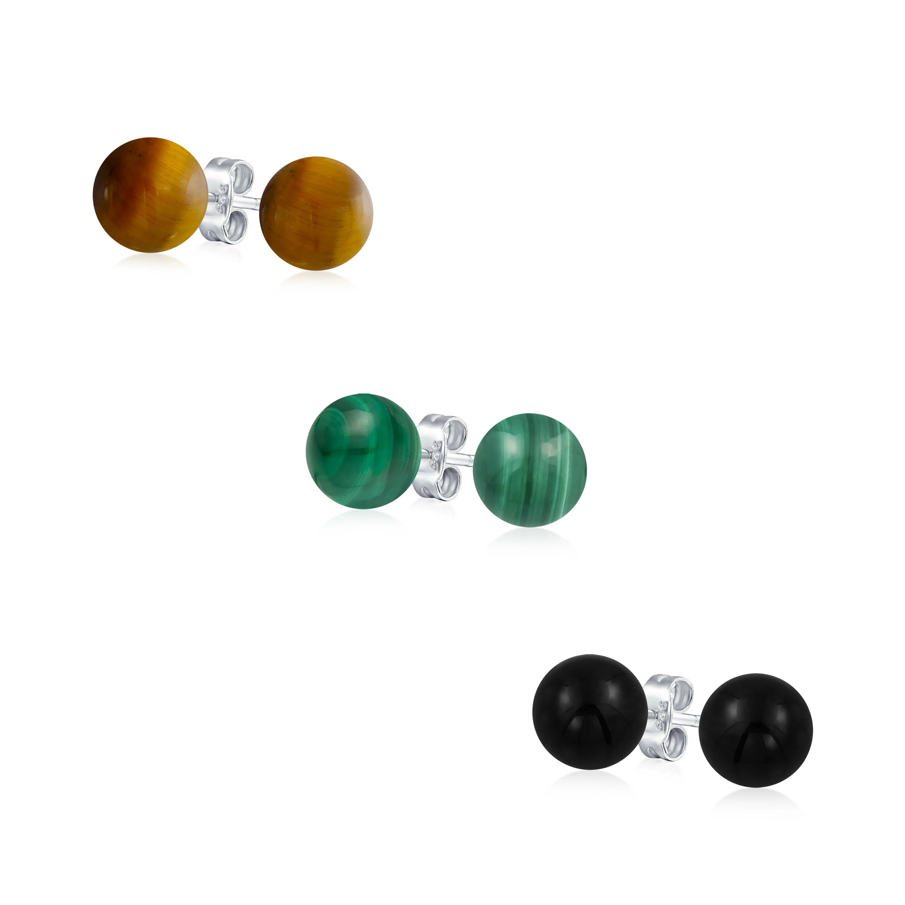 Set of 3 Sterling Silver Stud Earrings with Natural Gemstone Balls 6MM