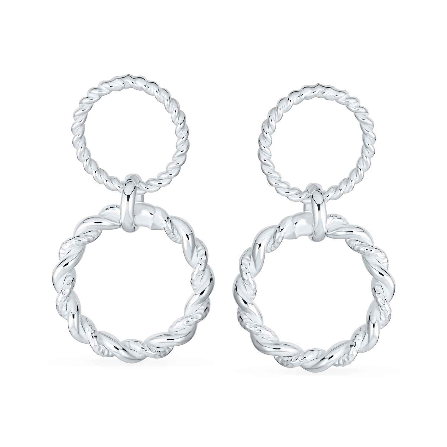 Classic Geometric Round Dangle Earrings Double Circle Knocker Sterling Silver - Image 2